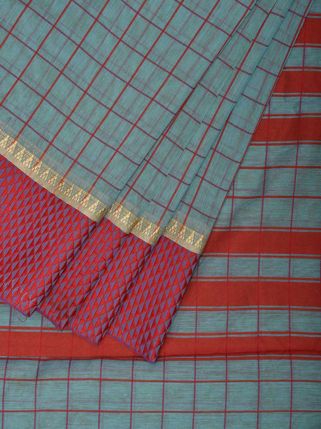 Turquoise and Red Bamboo Cotton Saree with Checks Design No Blouse bc0677