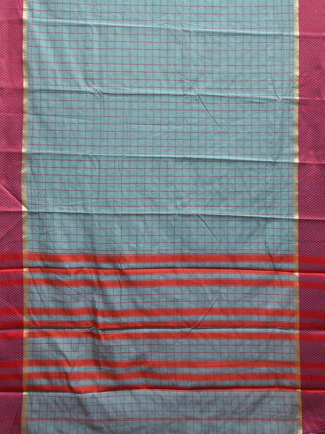 Turquoise and Red Bamboo Cotton Saree with Checks Design No Blouse bc0677