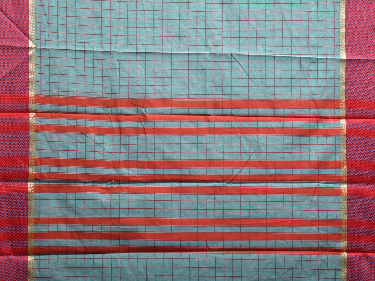 Turquoise and Red Bamboo Cotton Saree with Checks Design No Blouse bc0677