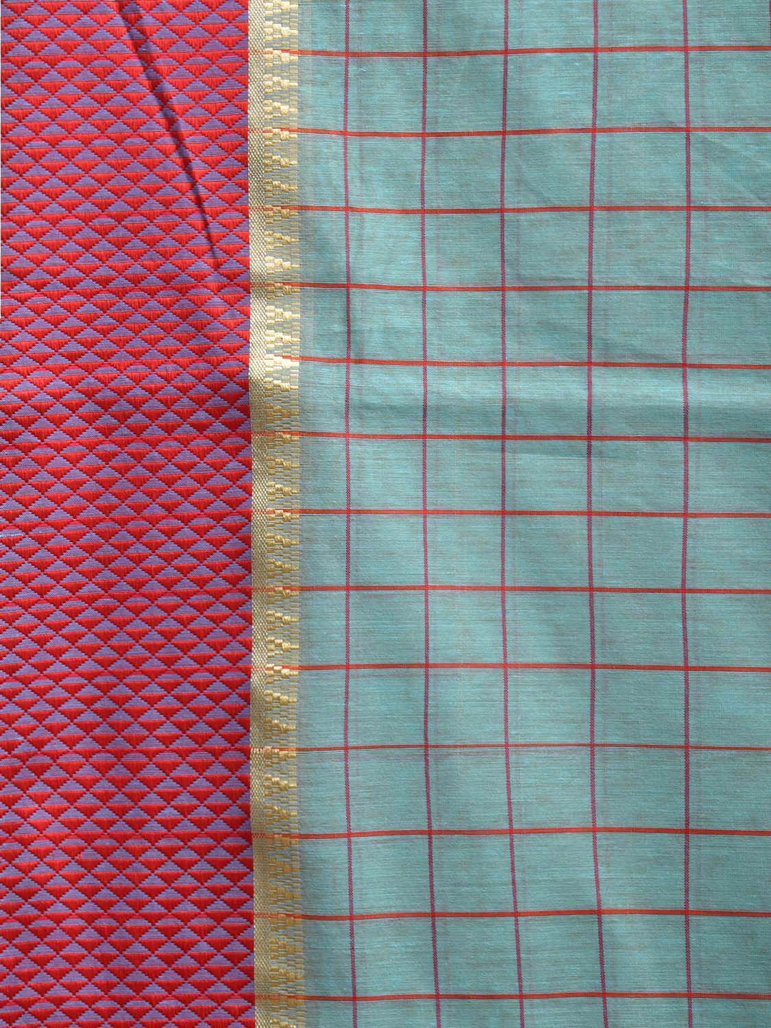 Turquoise and Red Bamboo Cotton Saree with Checks Design No Blouse bc0677