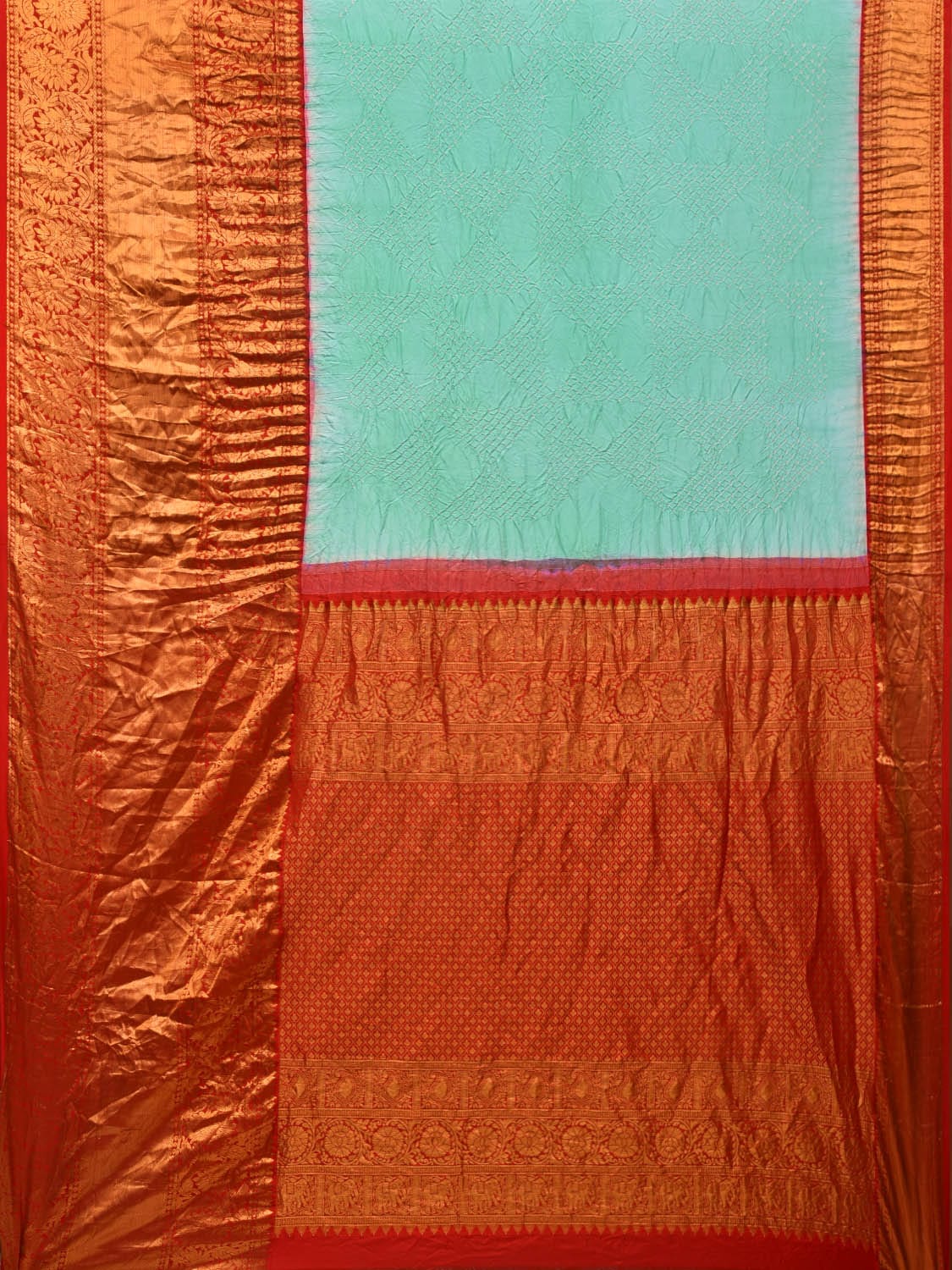 Turquoise and Red Bandhani Kanchipuram Silk Handloom Saree with Border and Pallu Design bn0407