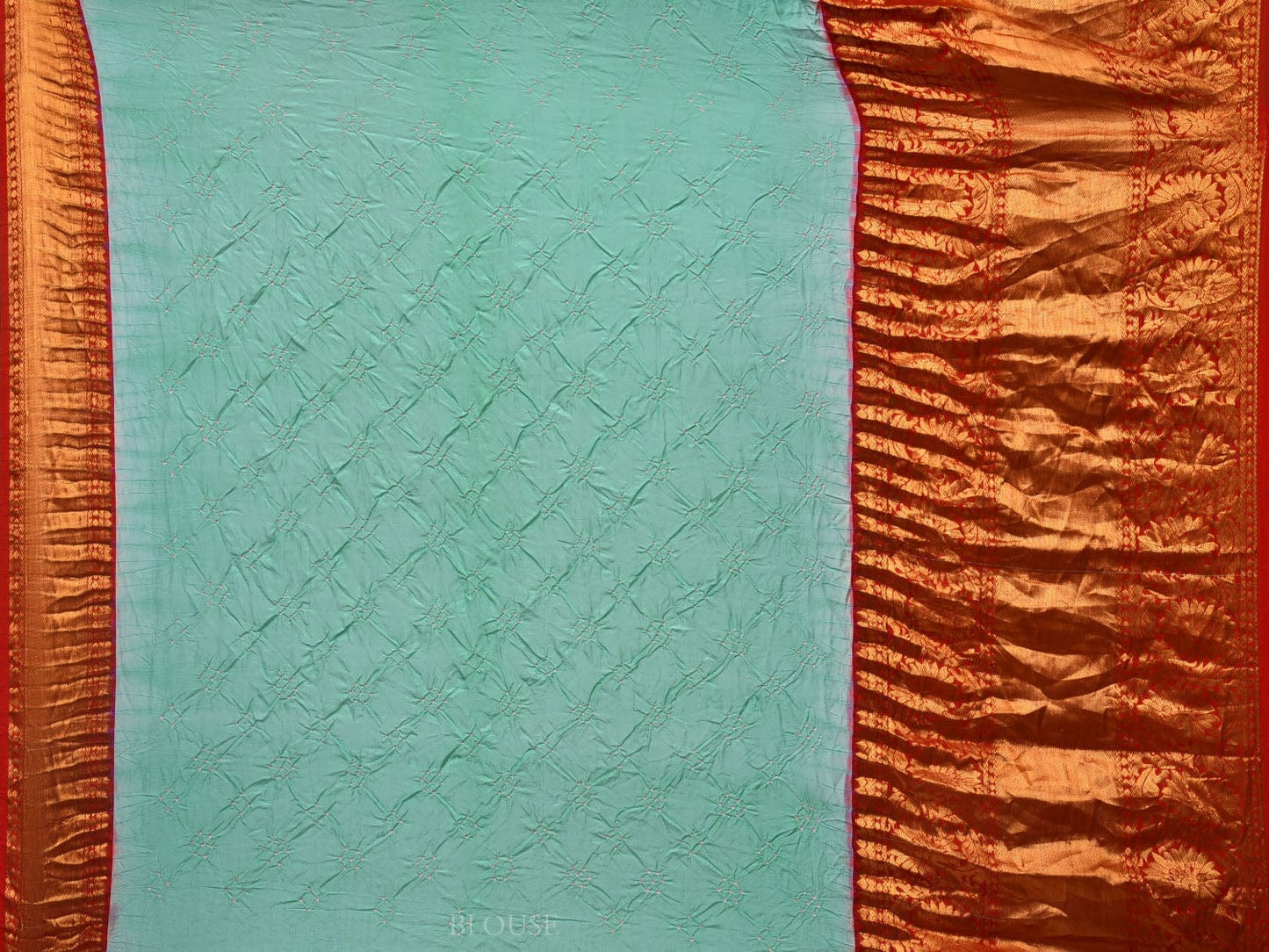 Turquoise and Red Bandhani Kanchipuram Silk Handloom Saree with Border and Pallu Design bn0407