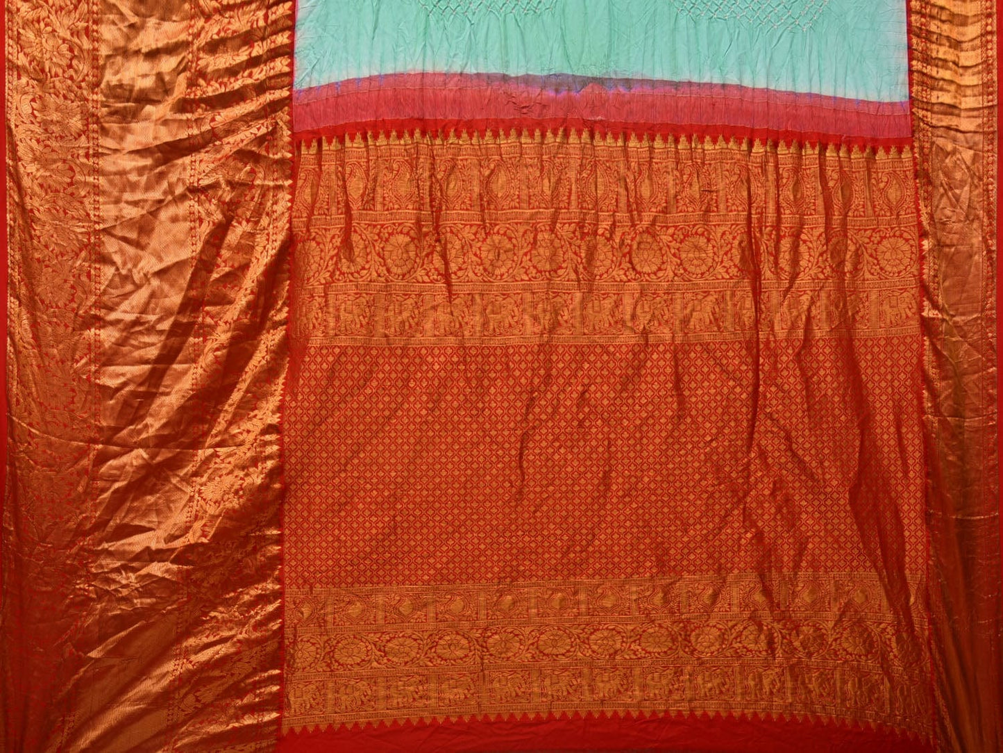 Turquoise and Red Bandhani Kanchipuram Silk Handloom Saree with Border and Pallu Design bn0407