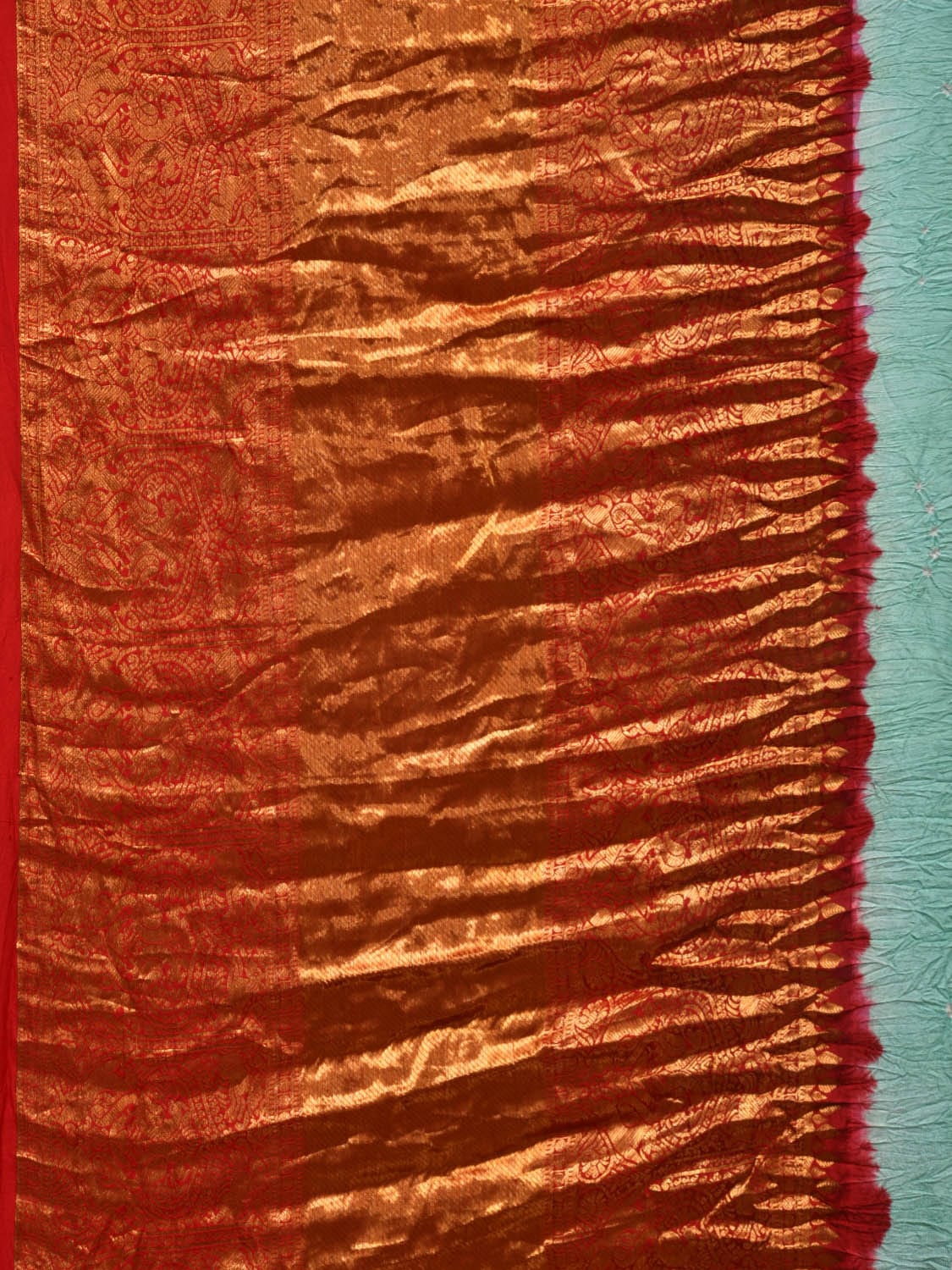 Turquoise and Red Bandhani Kanchipuram Silk Handloom Saree with Border Design bn0397