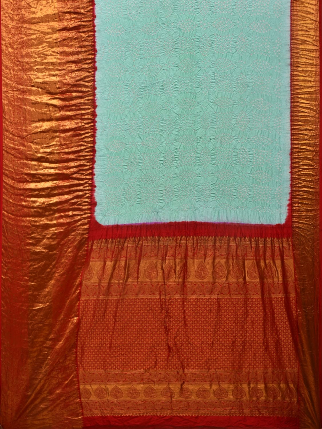 Turquoise and Red Bandhani Kanchipuram Silk Handloom Saree with Border Design bn0397