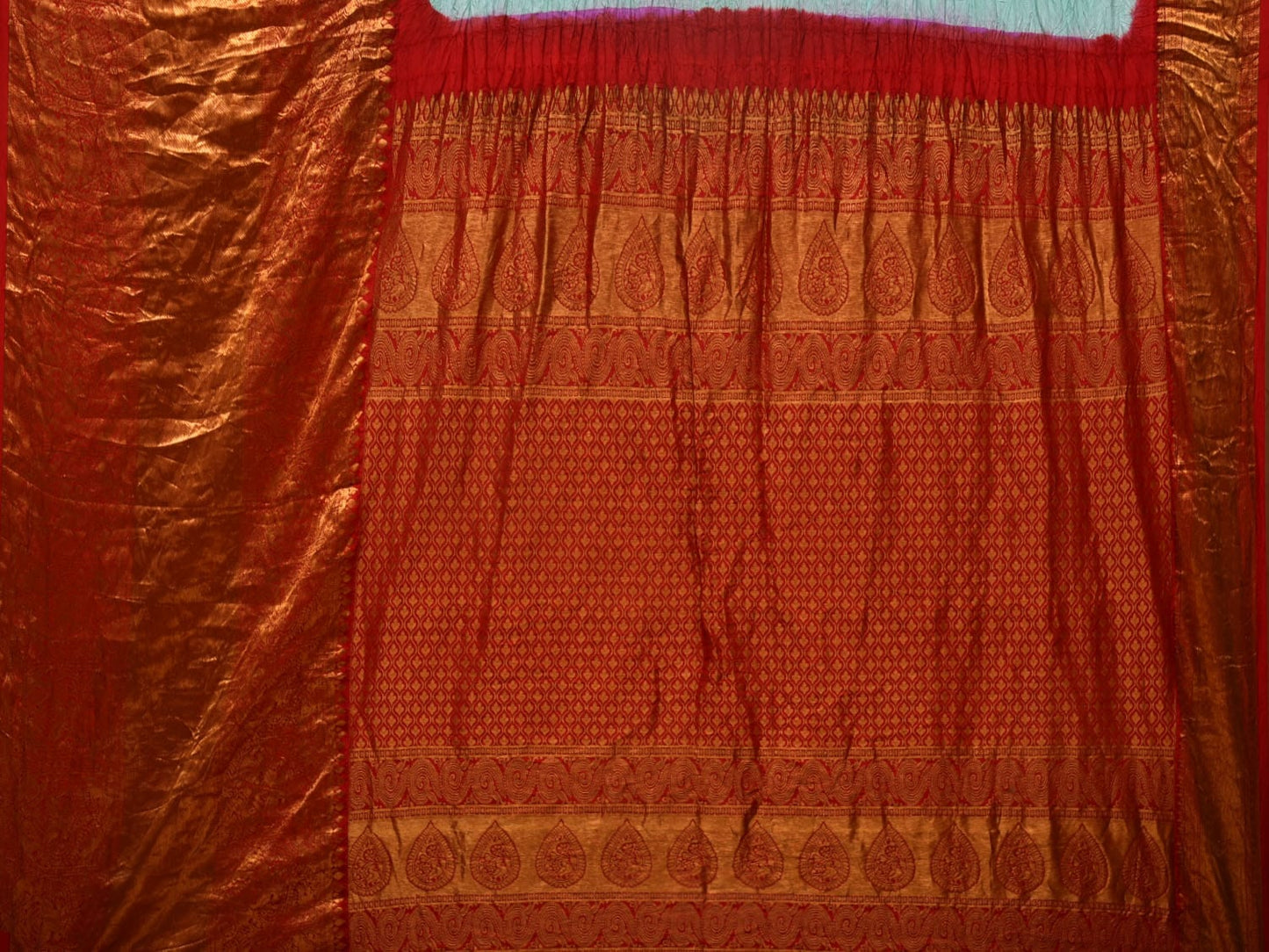 Turquoise and Red Bandhani Kanchipuram Silk Handloom Saree with Border Design bn0397