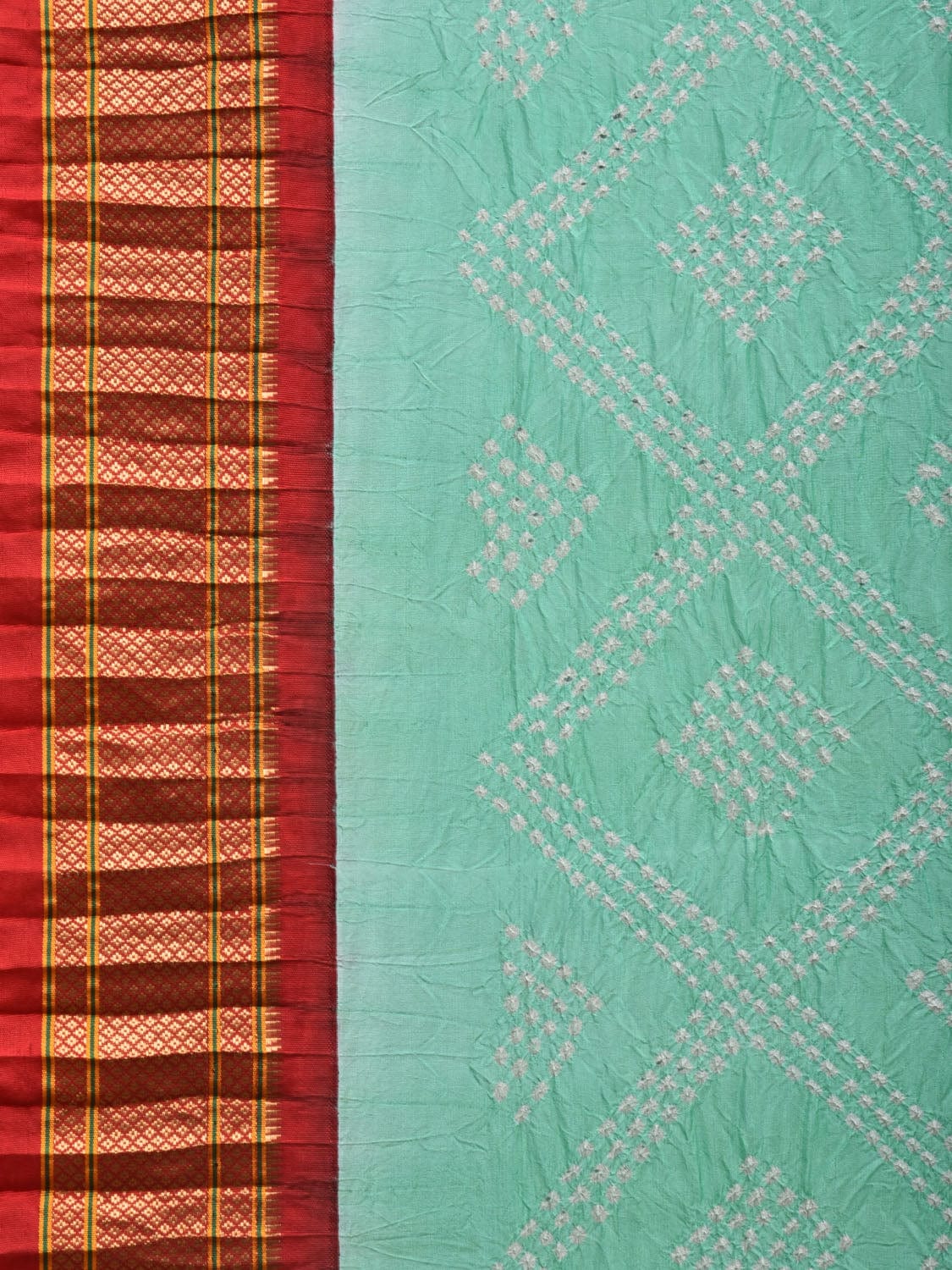 Turquoise and Red Bandhani Paithani Silk Handloom Saree with Pallu Design bn0387