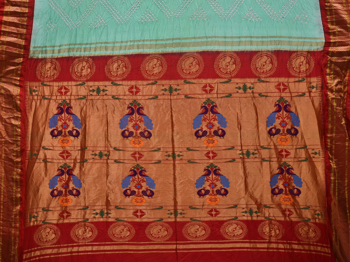 Turquoise and Red Bandhani Paithani Silk Handloom Saree with Pallu Design bn0387