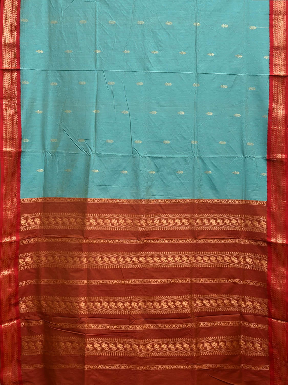 Turquoise and Red Gadwal Cotton Viscose Saree with Border and Pallu Design g0457