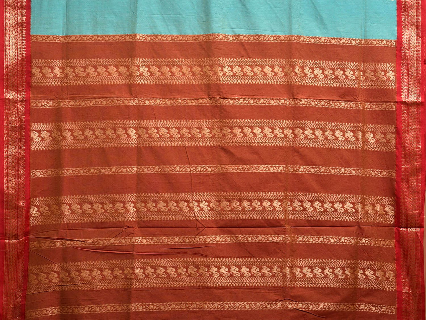 Turquoise and Red Gadwal Cotton Viscose Saree with Border and Pallu Design g0457
