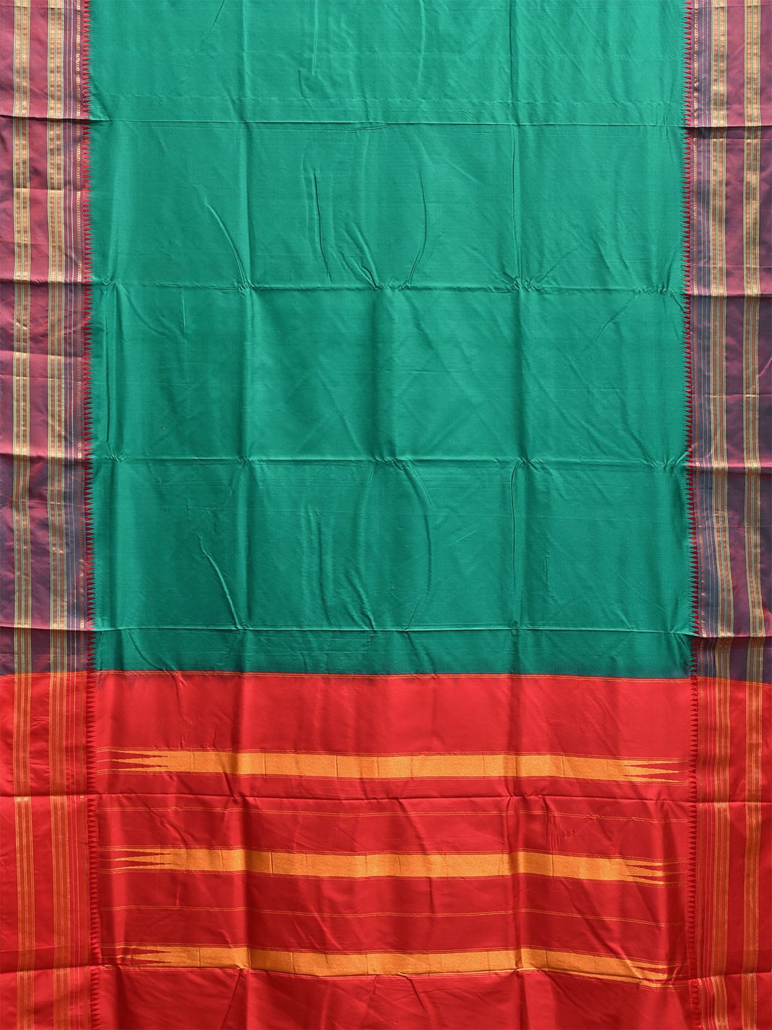 Turquoise and Red Narayanpet Silk Handloom Plain Saree with Contrast Pallu Design No Blouse np1061