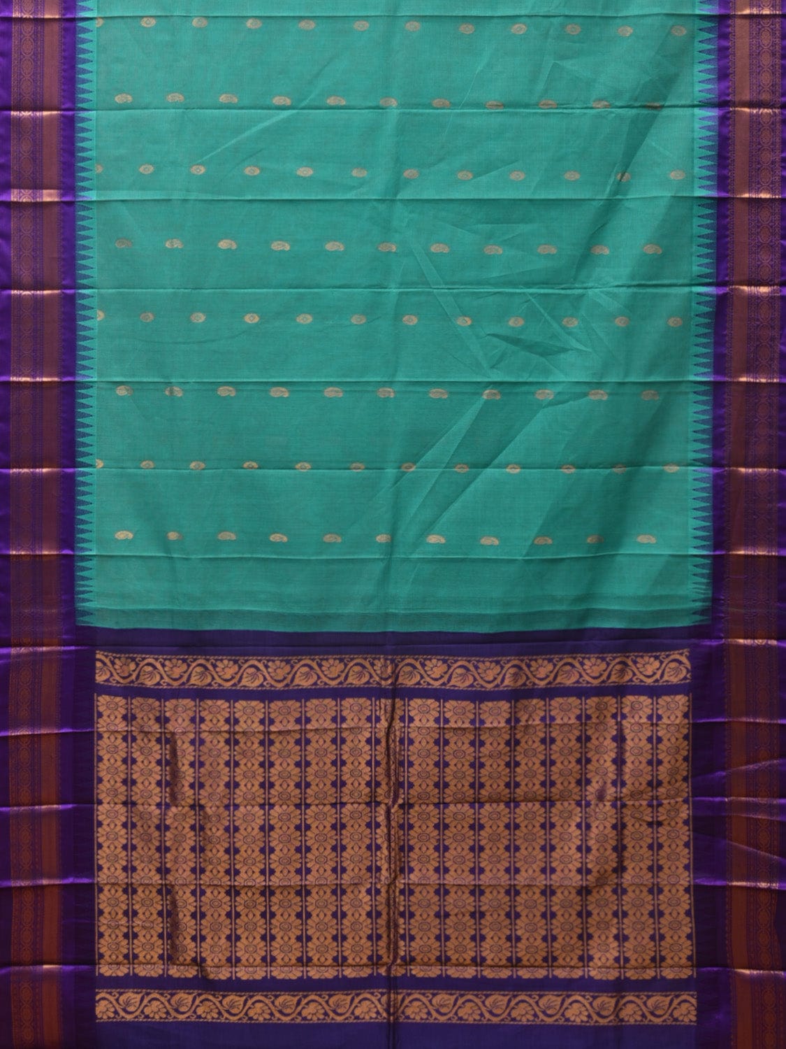 Turquoise and Violet Gadwal Cotton Plain Saree with Body Buta and Pallu Design No Blouse g0361