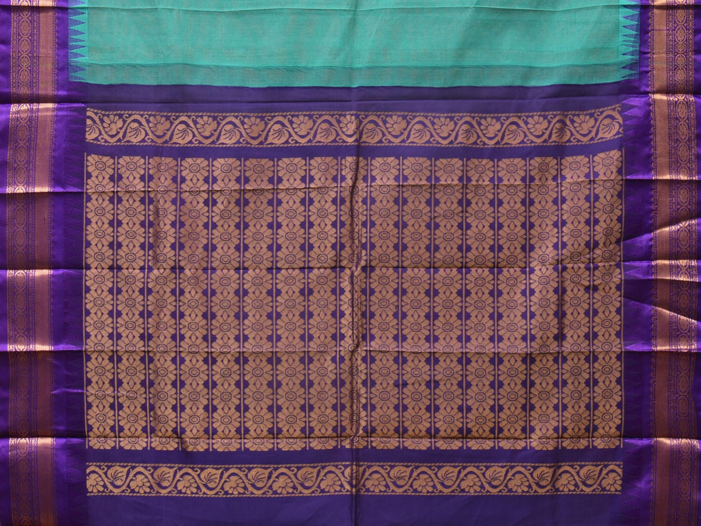Turquoise and Violet Gadwal Cotton Plain Saree with Body Buta and Pallu Design No Blouse g0361