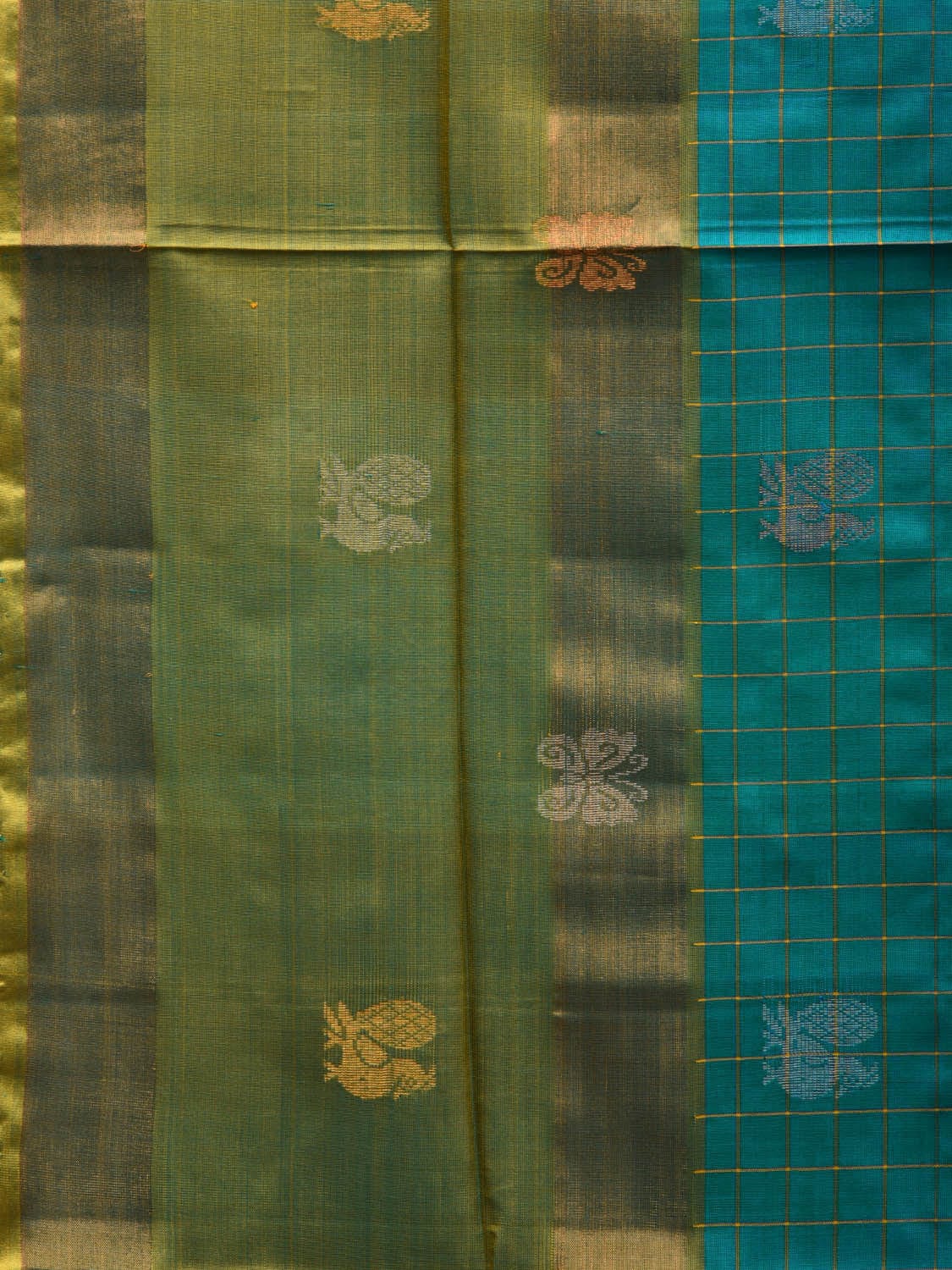 Turquoise and Yellow Uppada Silk Handloom Saree with Checks and Buta Design u1850