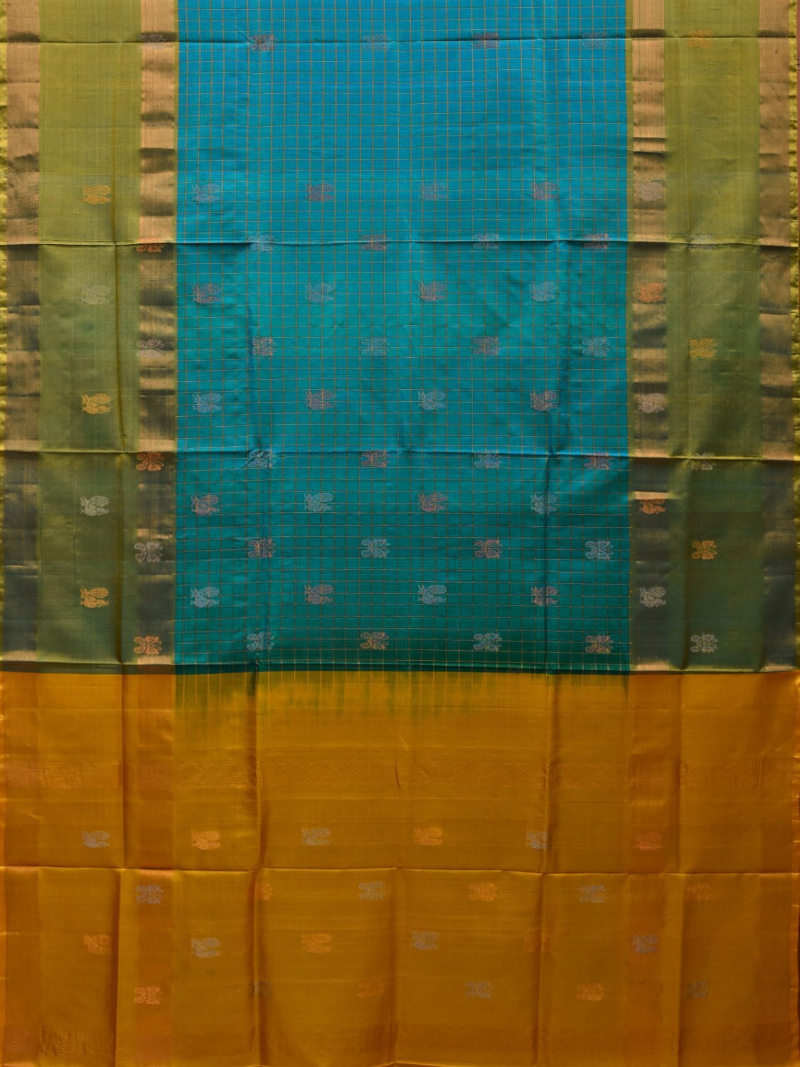 Turquoise and Yellow Uppada Silk Handloom Saree with Checks and Buta Design u1850