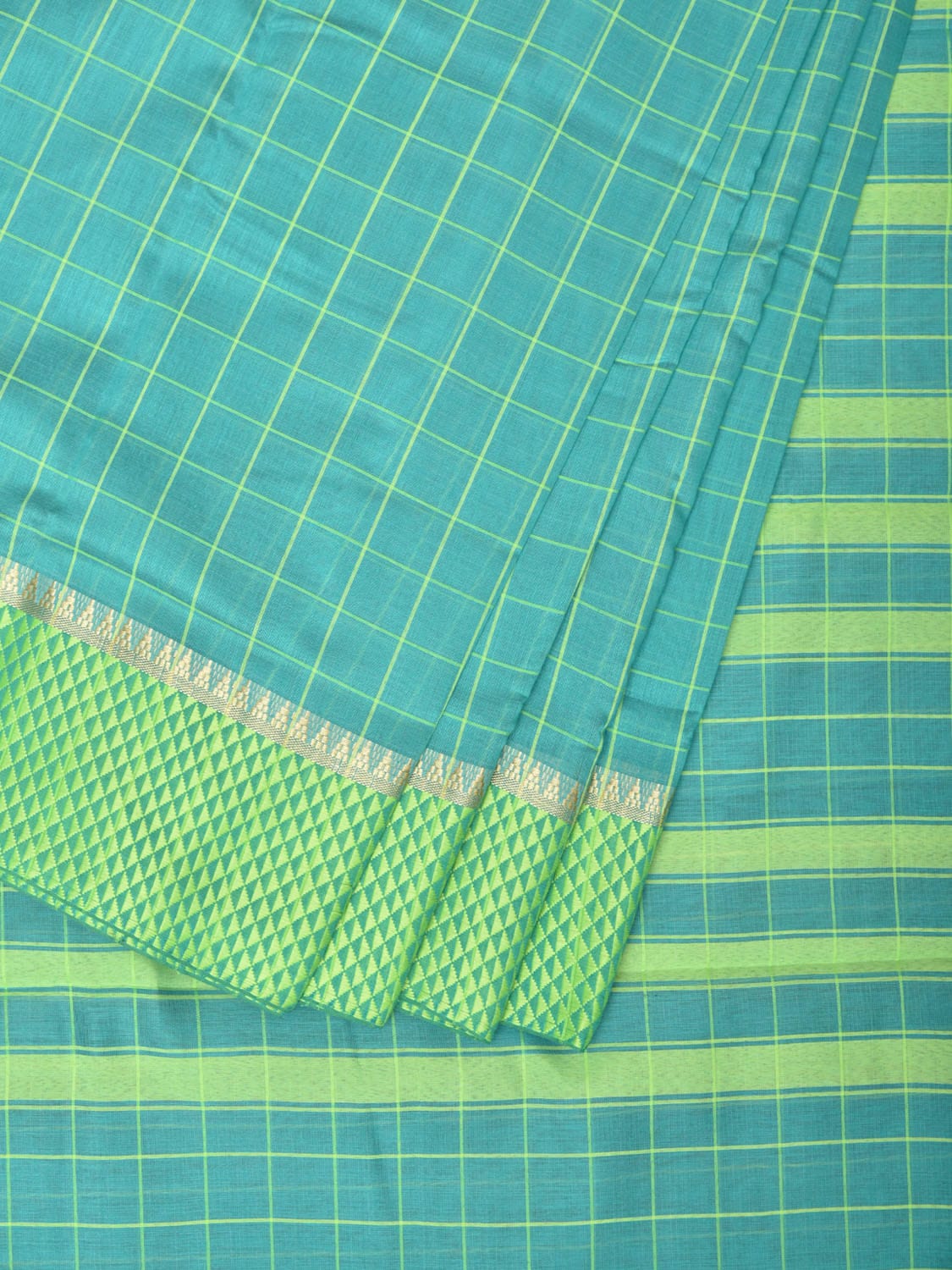 Turquoise Bamboo Cotton Saree with Big Checks Design bc0139