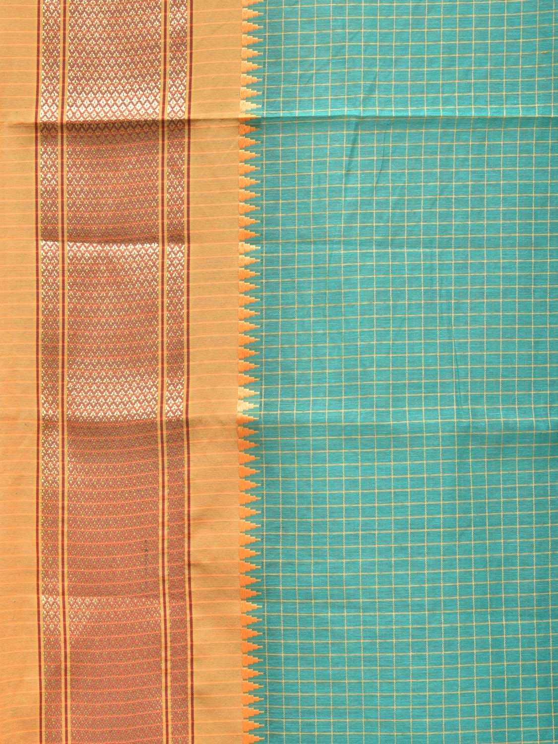Turquoise Bamboo Cotton Saree with Checks Design bc0134