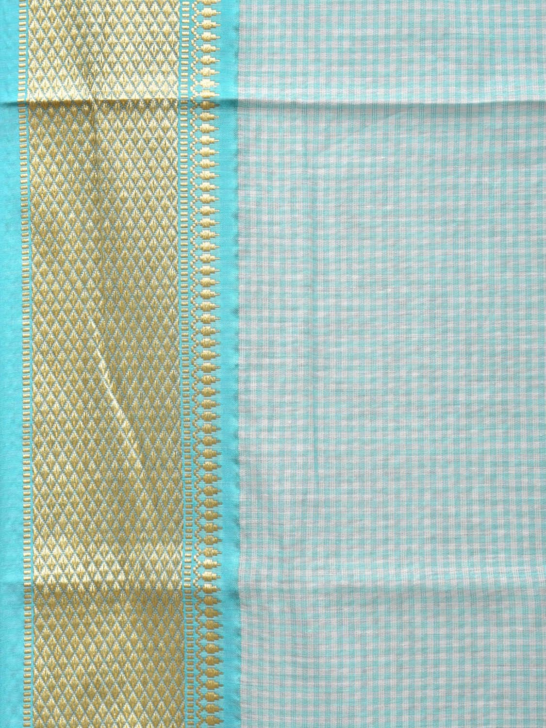 Turquoise Bamboo Cotton Saree with Small Checks Design No Blouse bc0251