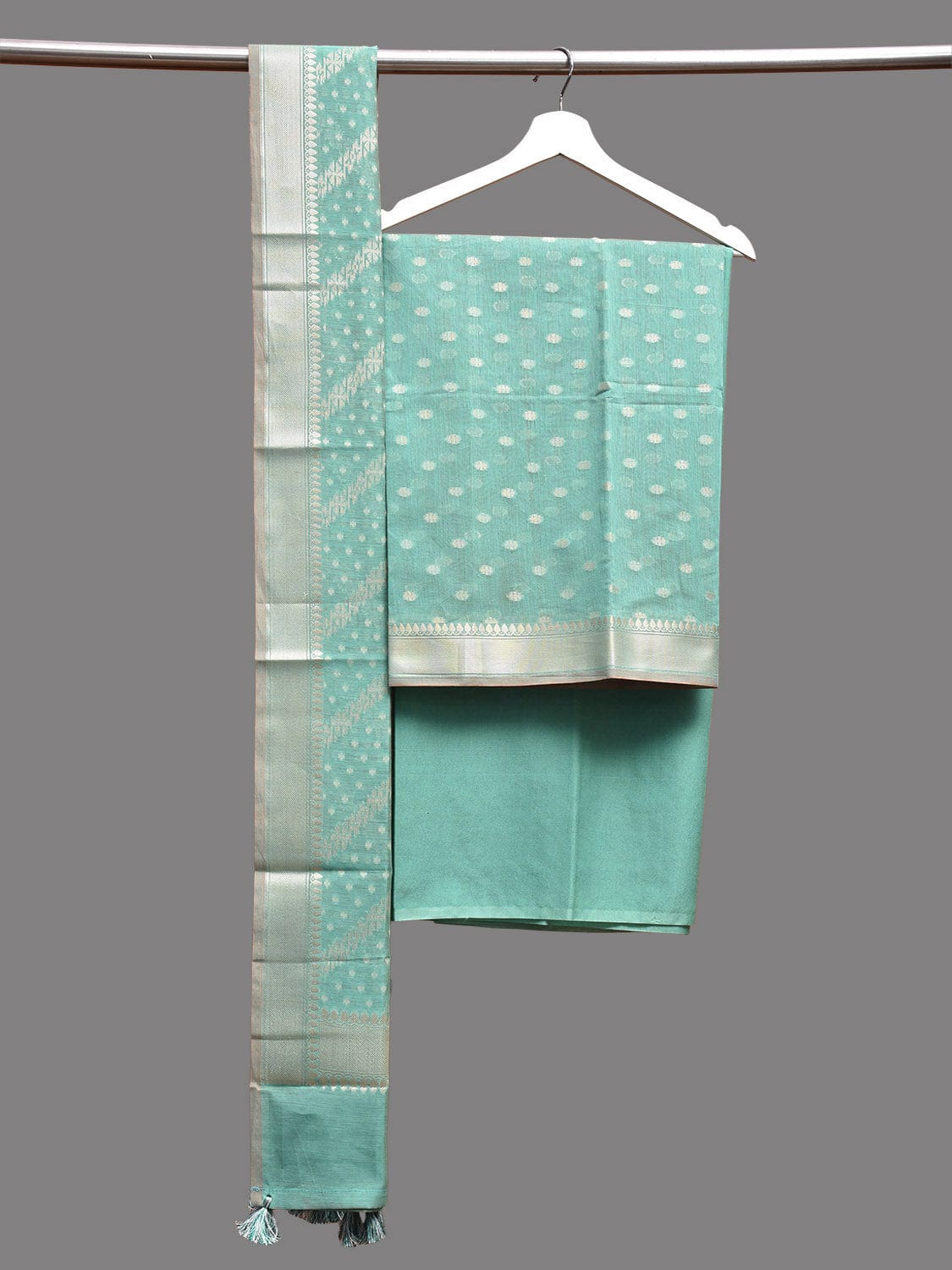 Turquoise Banaras Cotton Viscose Dress Material with Dupatta, Top and Plain Bottom Design dm0069