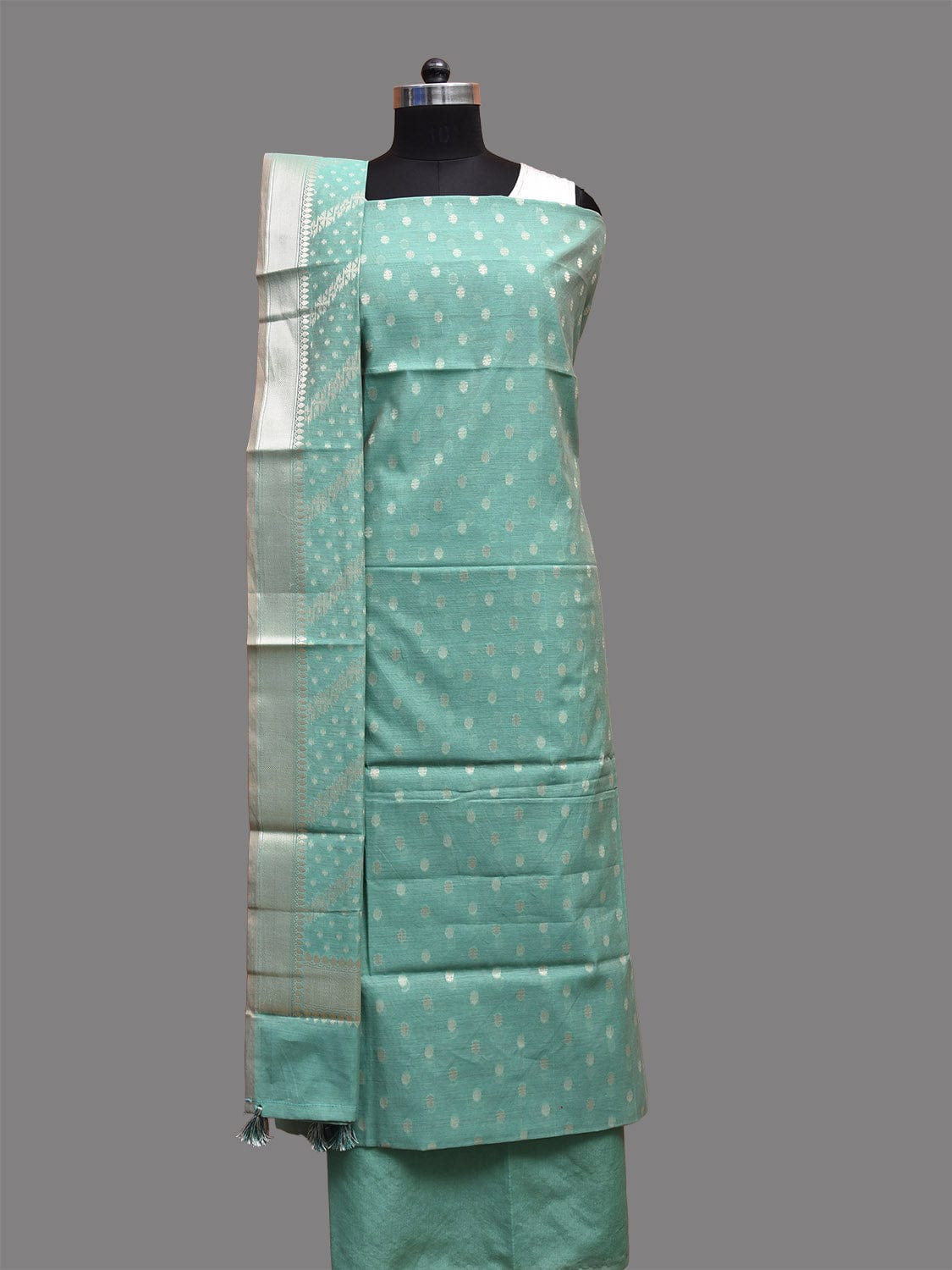 Turquoise Banaras Cotton Viscose Dress Material with Dupatta, Top and Plain Bottom Design dm0069