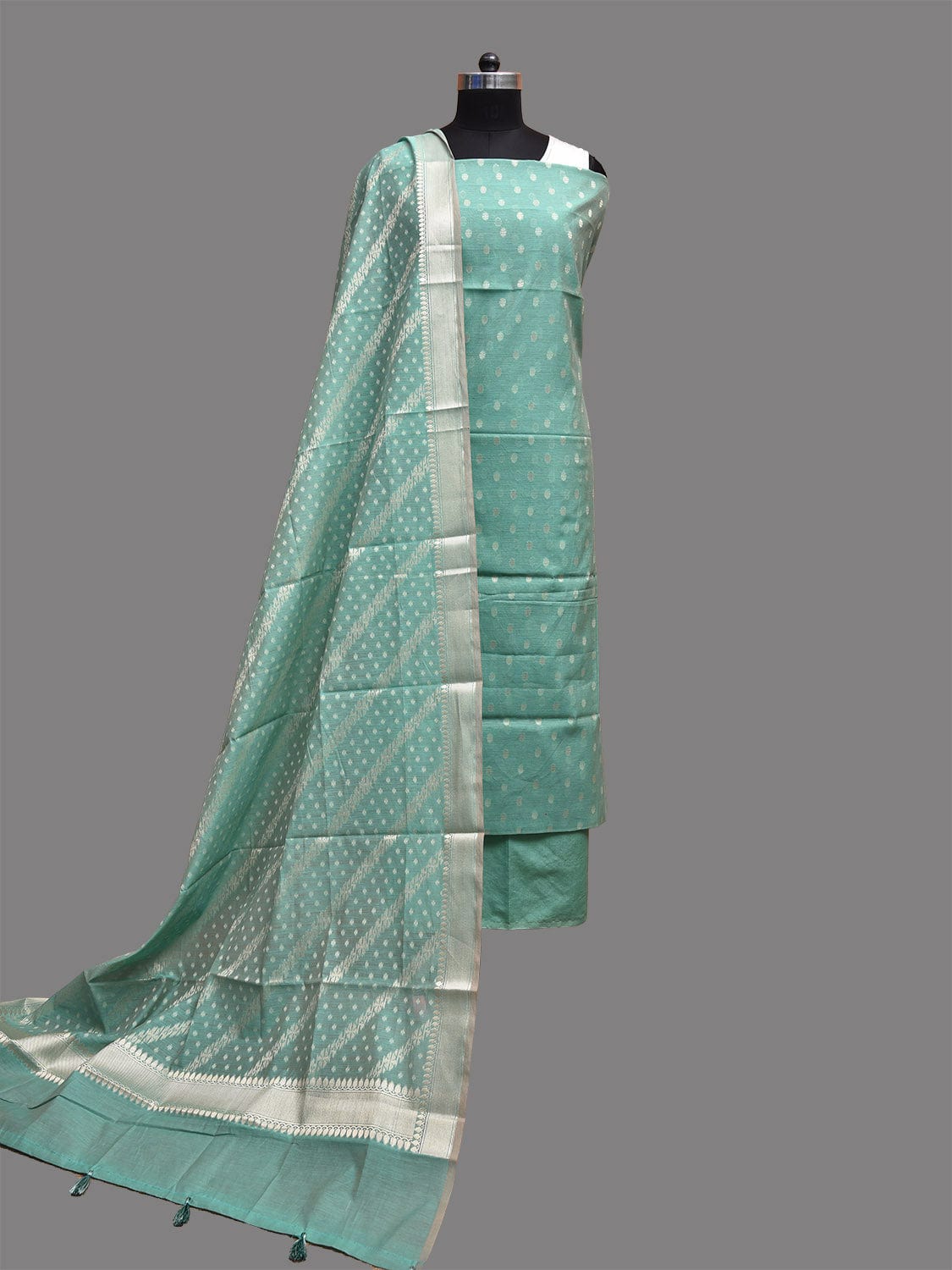 Turquoise Banaras Cotton Viscose Dress Material with Dupatta, Top and Plain Bottom Design dm0069