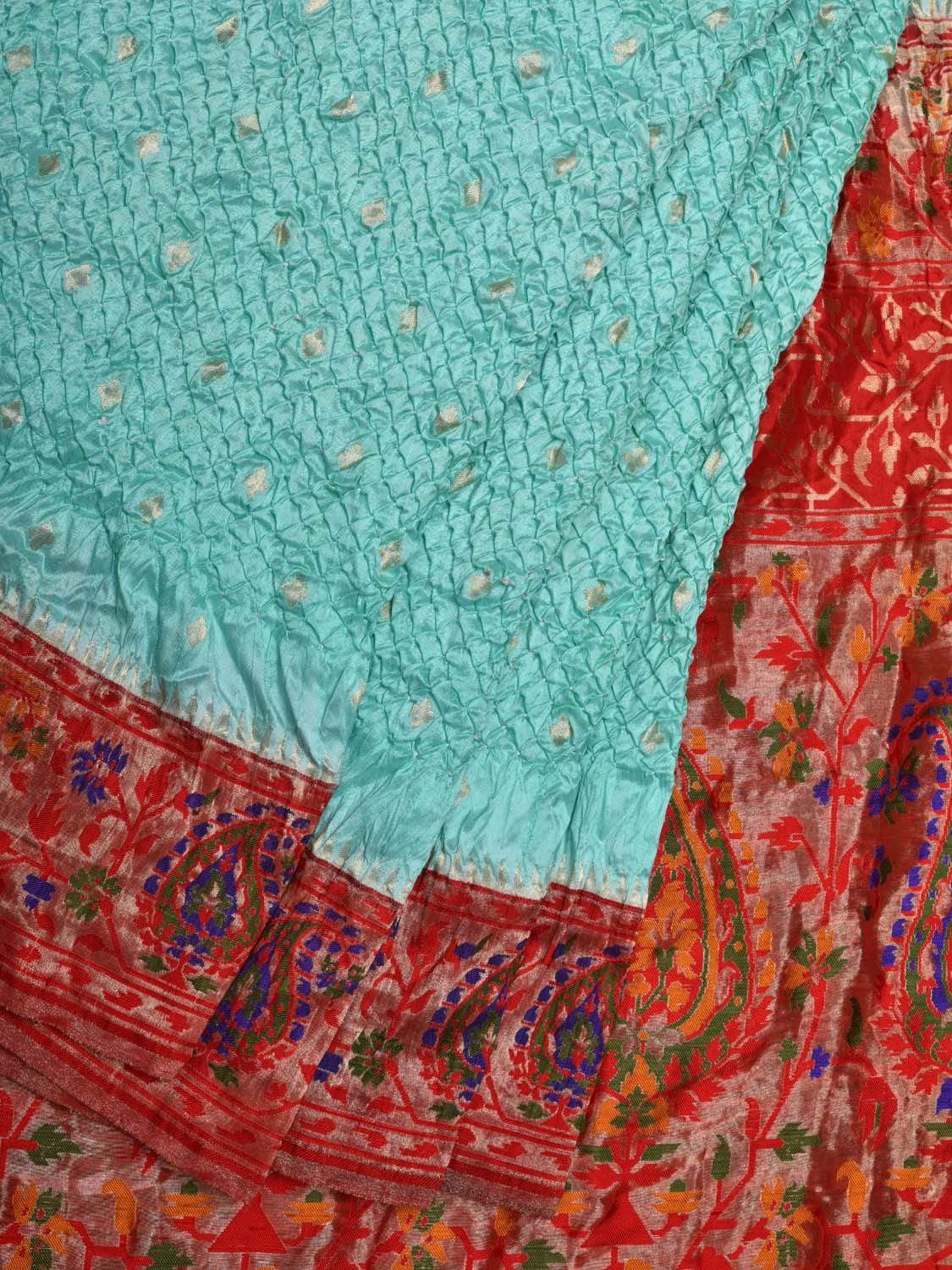 Turquoise Bandhani Banaras Silk Handloom Saree with Mango Border Design bn0272