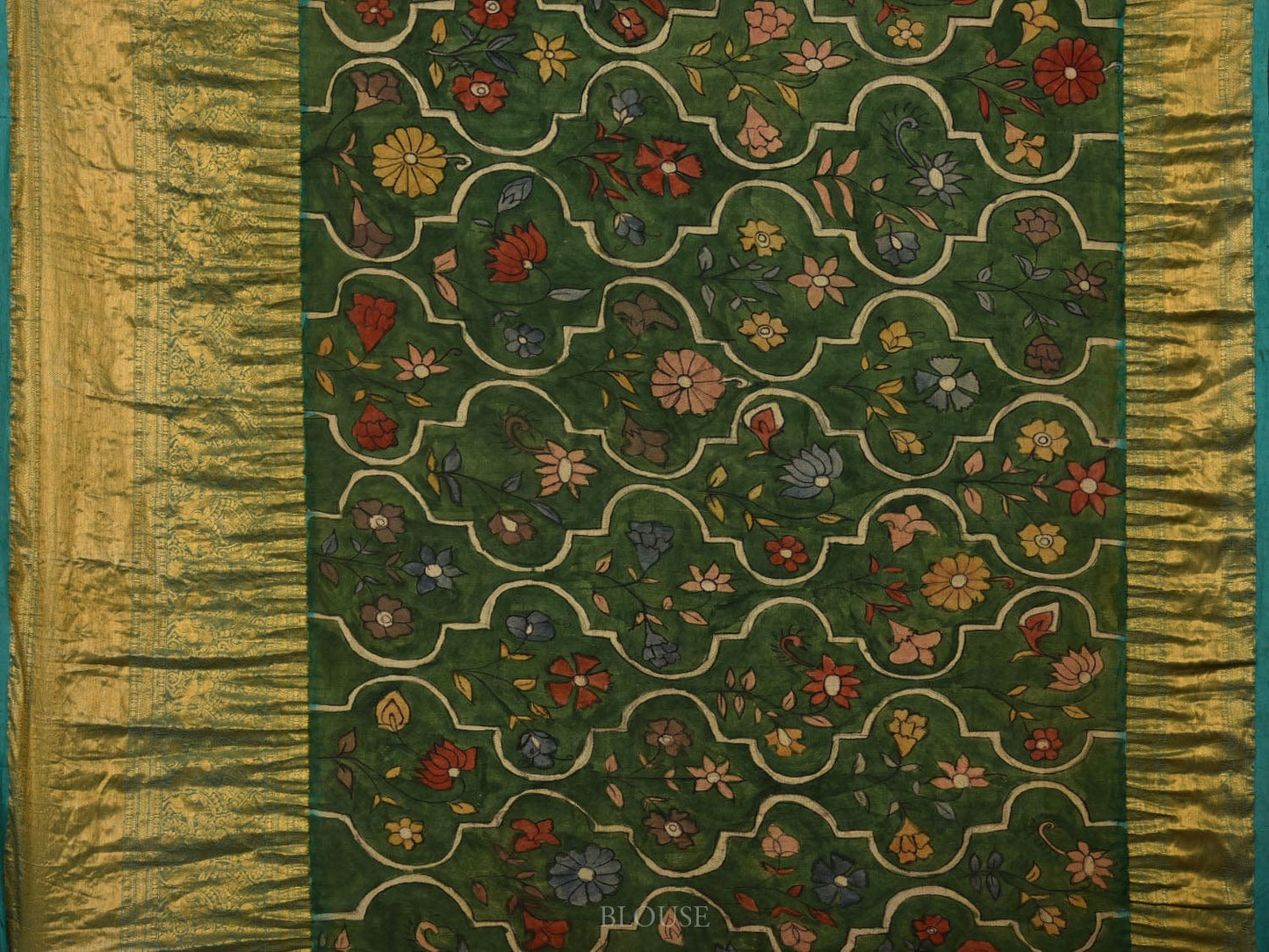 Turquoise Bandhani Kanchipuram Silk Handloom Saree with Kalamkari Pallu and Blouse Design bn0416