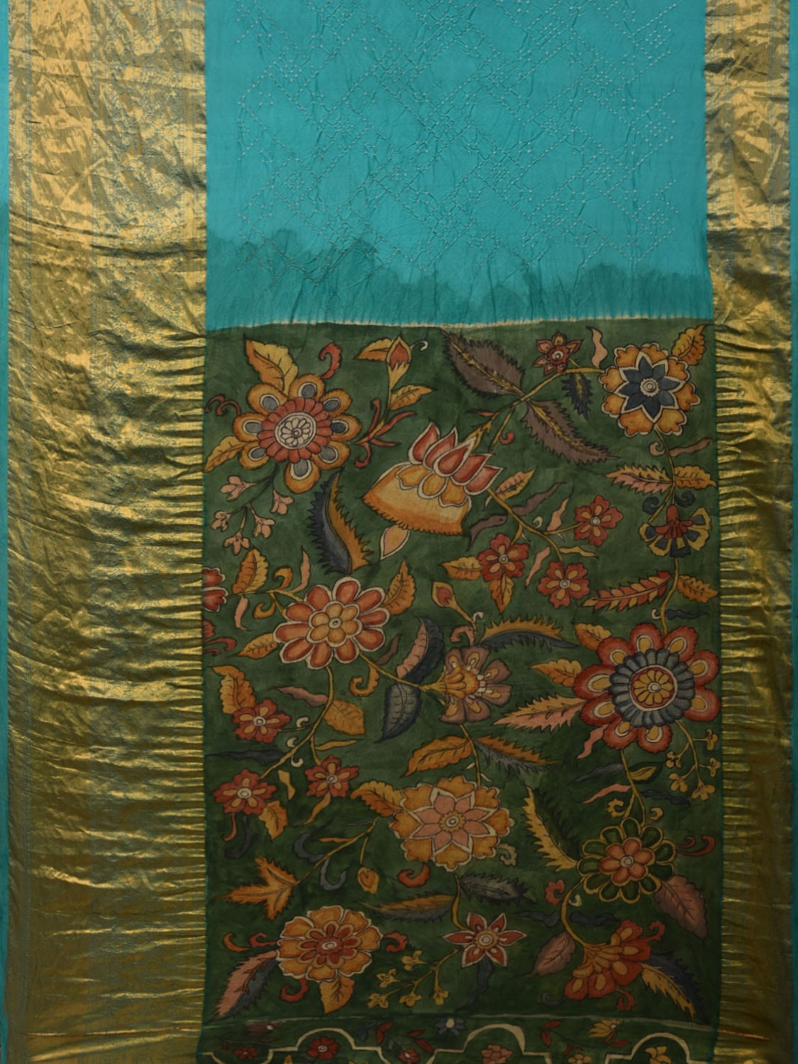 Turquoise Bandhani Kanchipuram Silk Handloom Saree with Kalamkari Pallu and Blouse Design bn0416