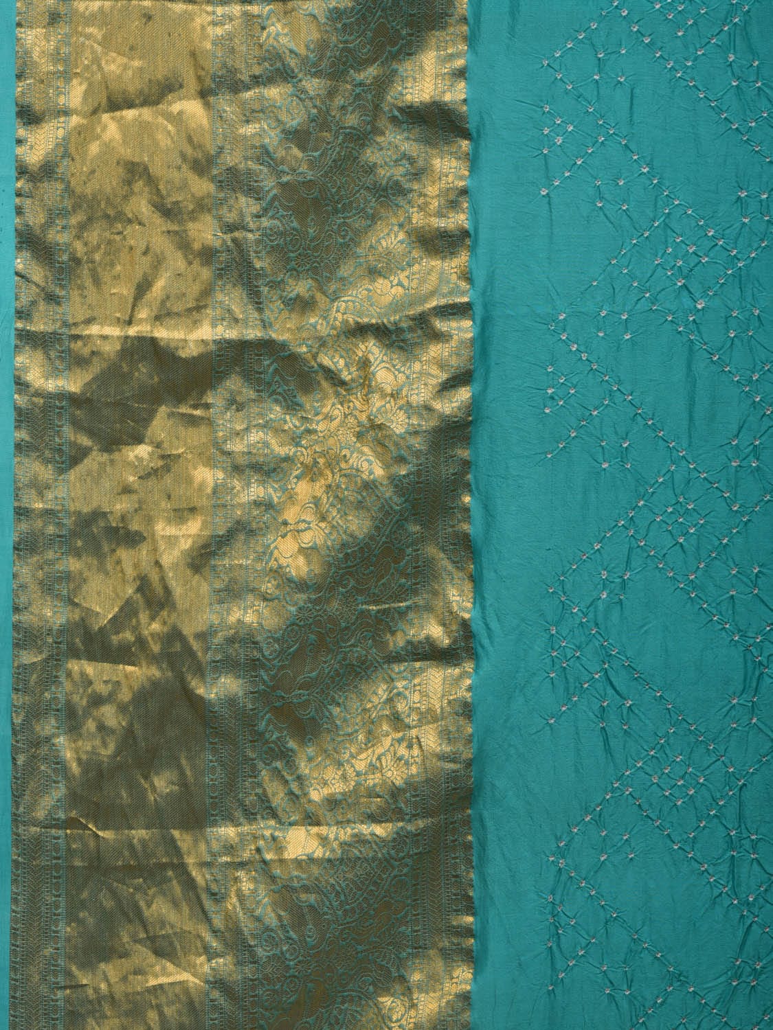 Turquoise Bandhani Kanchipuram Silk Handloom Saree with Kalamkari Pallu and Blouse Design bn0416