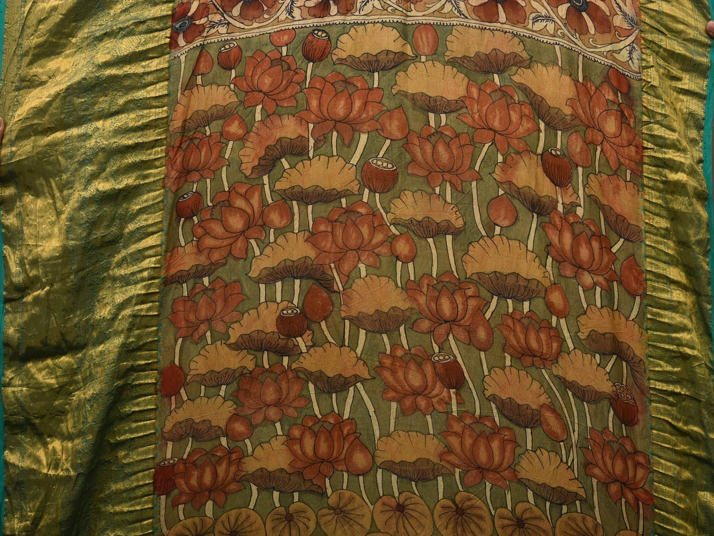Turquoise Bandhani Kanchipuram Silk Handloom Saree with Kalamkari Pallu and Blouse Design bn0468