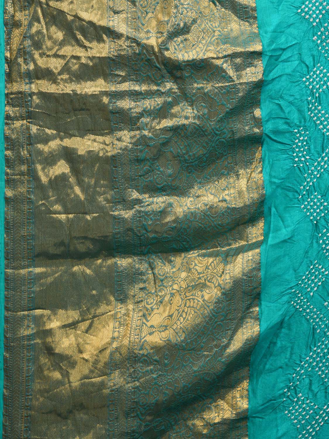Turquoise Bandhani Kanchipuram Silk Handloom Saree with Kalamkari Pallu and Blouse Design bn0468