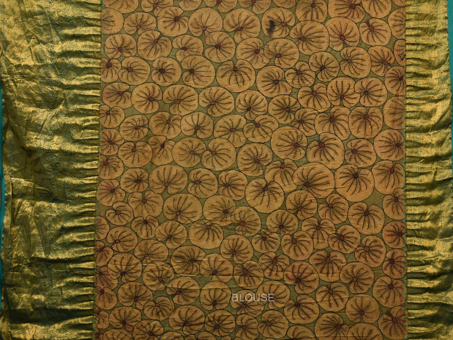 Turquoise Bandhani Kanchipuram Silk Handloom Saree with Kalamkari Pallu and Blouse Design bn0468