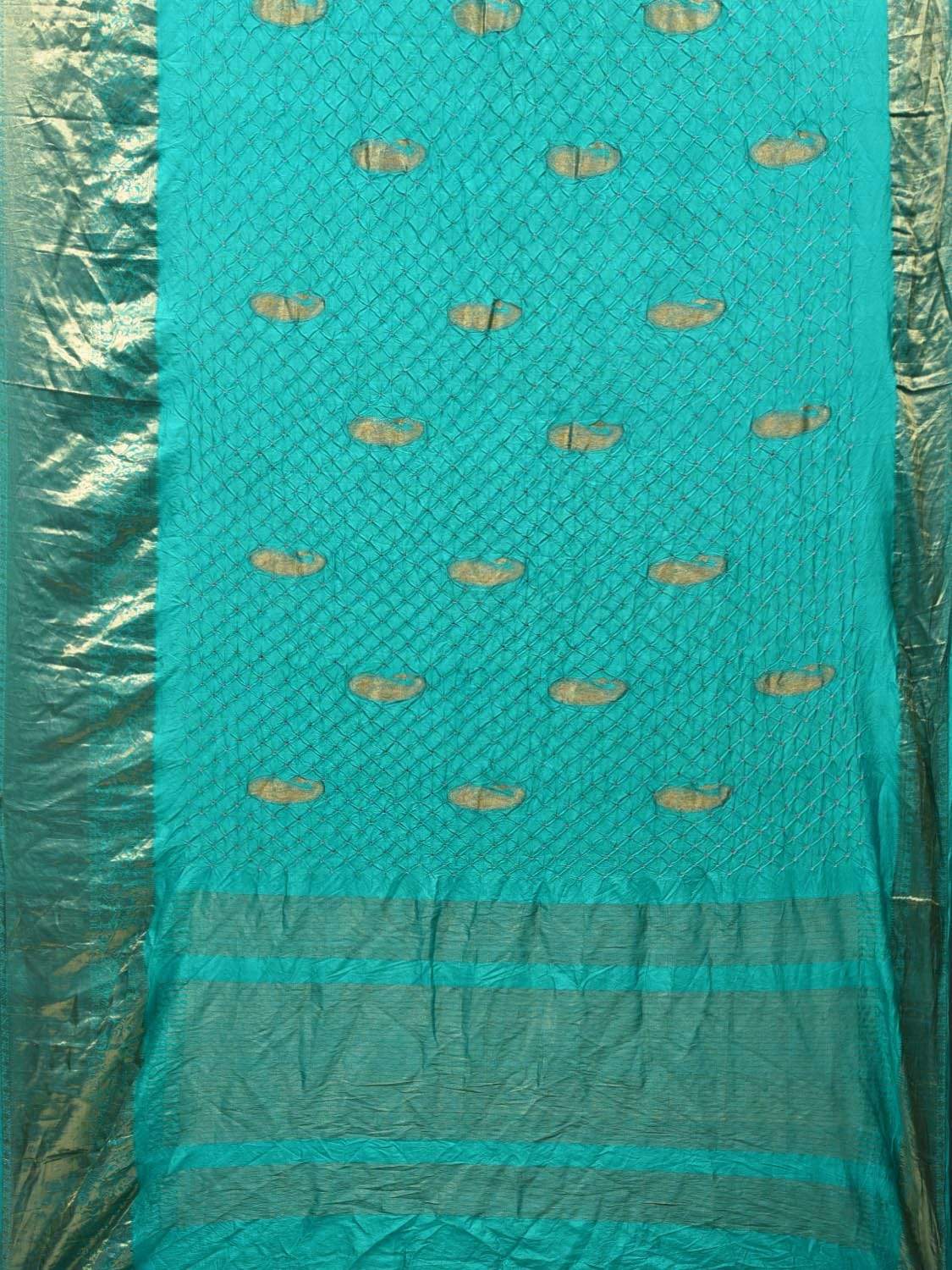 Turquoise Bandhani Kanchipuram Silk Handloom Saree with Mango Buta Design bn0256