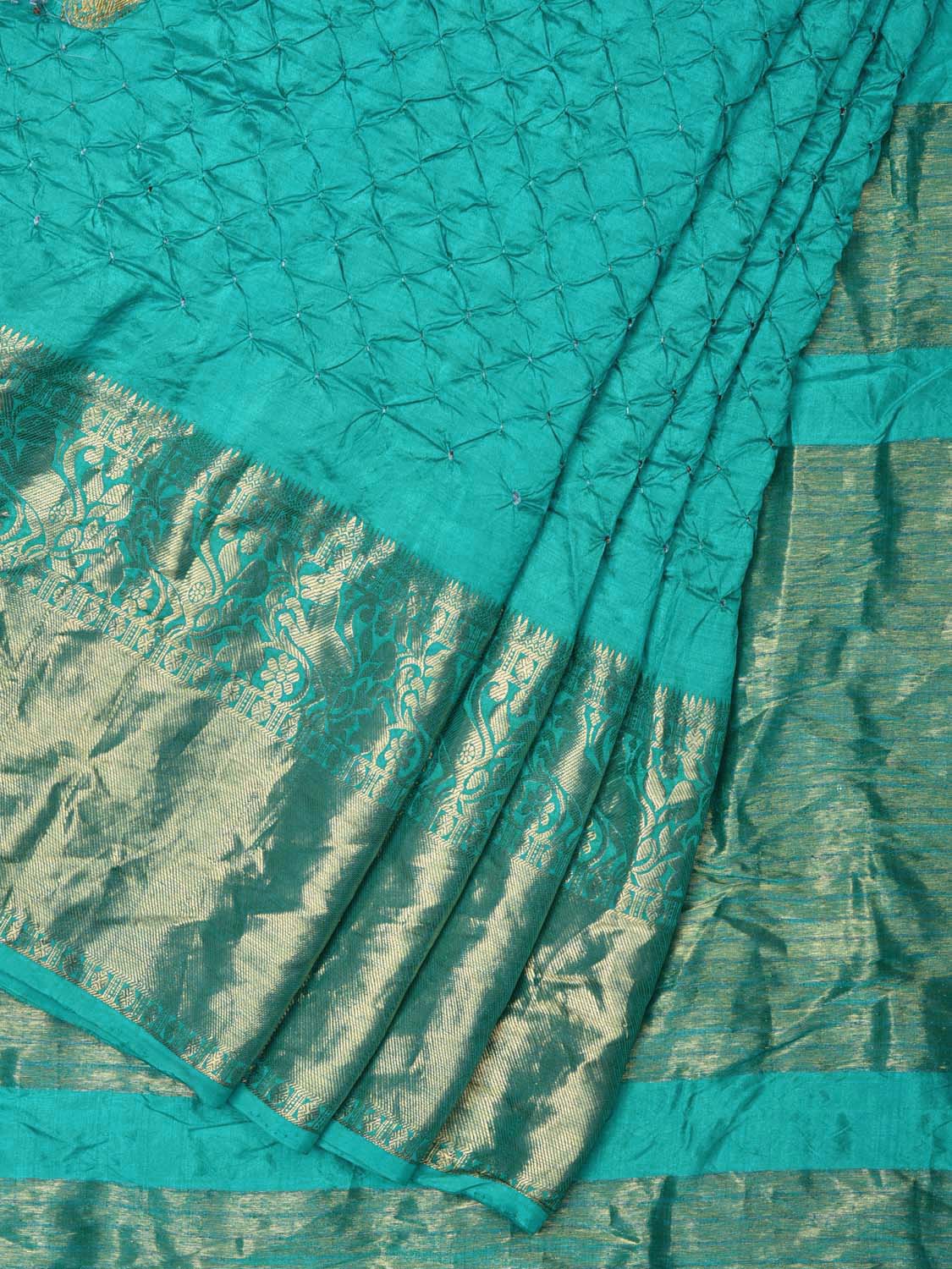 Turquoise Bandhani Kanchipuram Silk Handloom Saree with Mango Buta Design bn0256