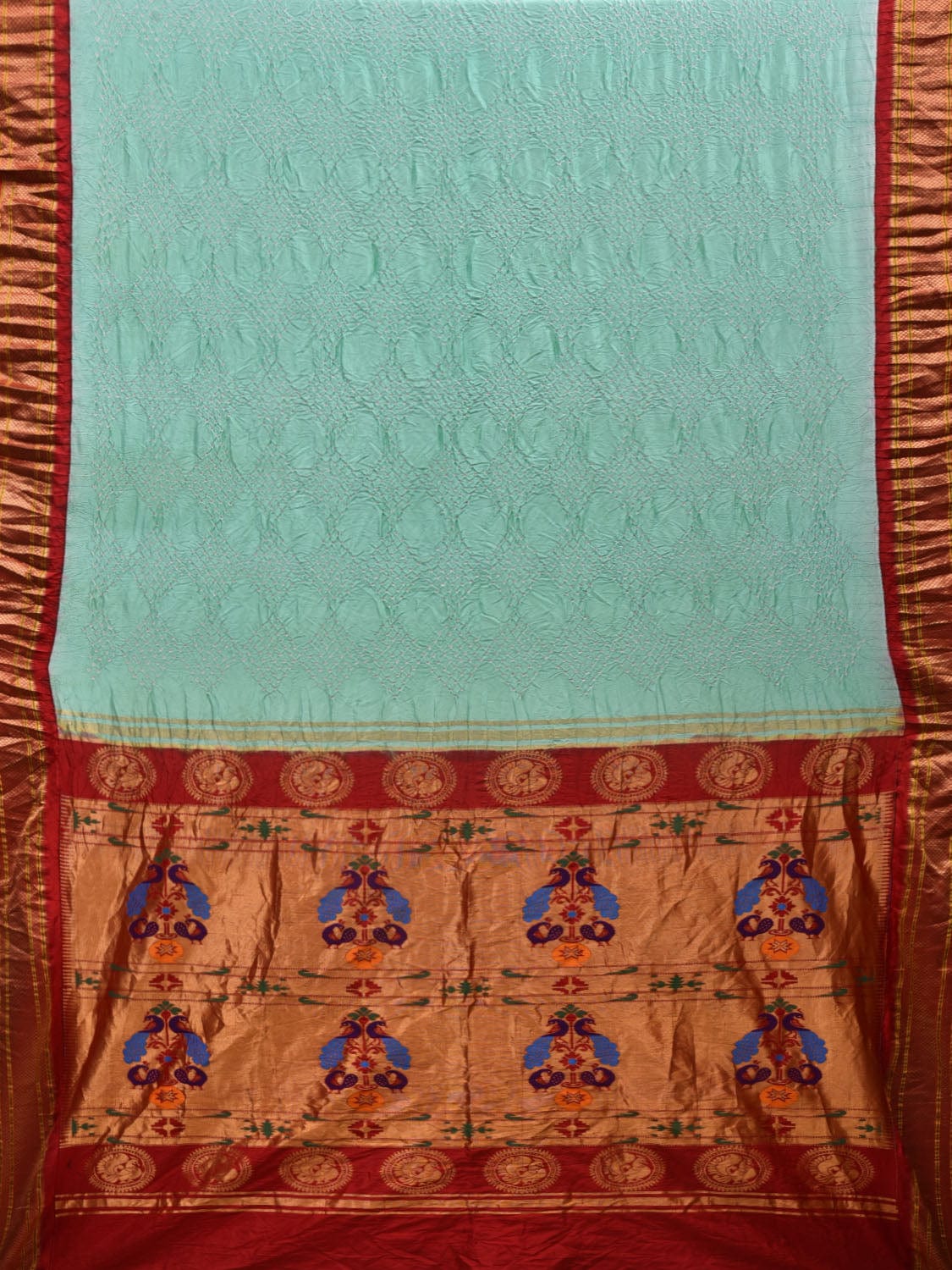 Turquoise Bandhani Paithani Silk Handloom Saree with Pallu Design bn0356