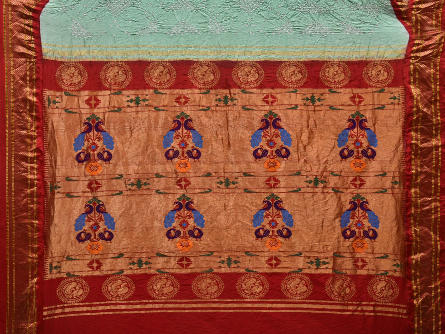 Turquoise Bandhani Paithani Silk Handloom Saree with Pallu Design bn0369