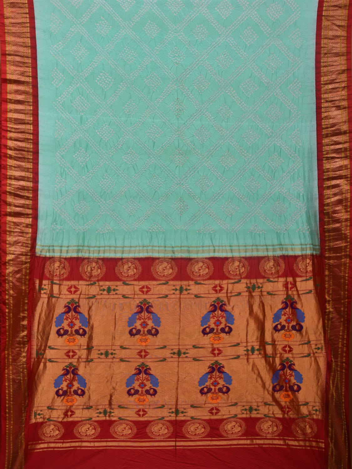 Turquoise Bandhani Paithani Silk Handloom Saree with Pallu Design bn0418