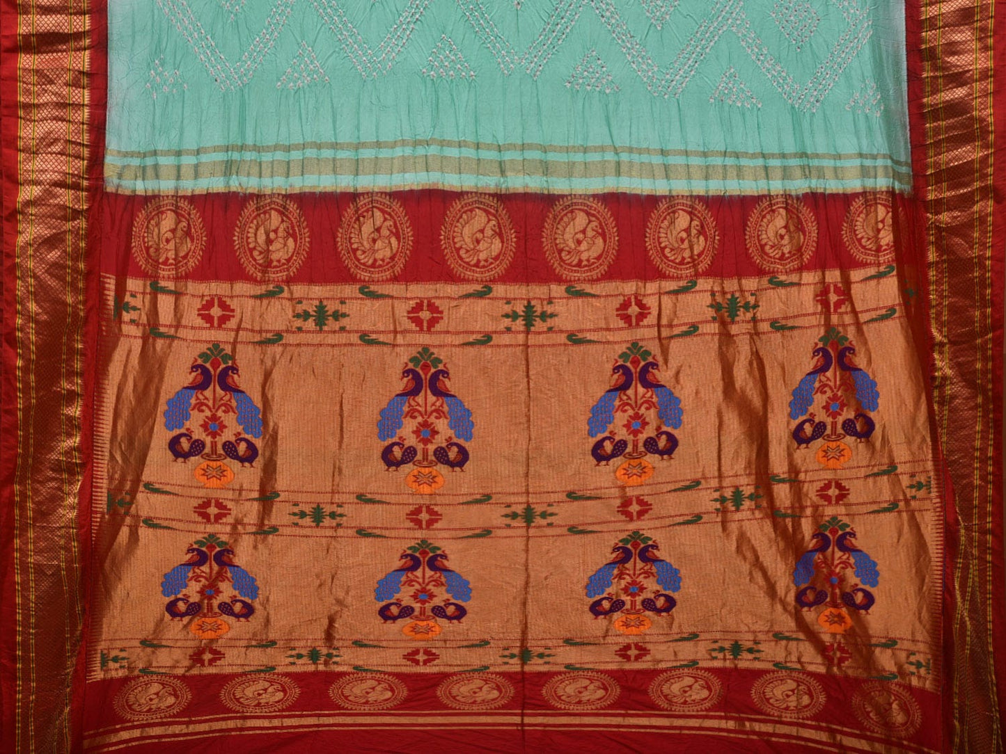 Turquoise Bandhani Paithani Silk Handloom Saree with Pallu Design bn0418