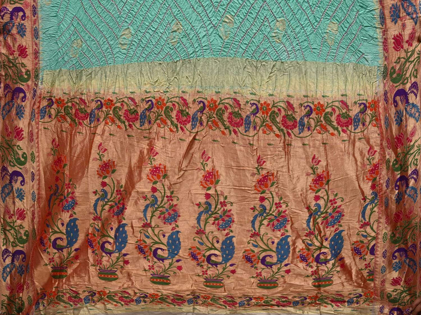 Turquoise Bandhani Paithani Silk Handloom Saree with Peacock and Parrot Border Design bn0312