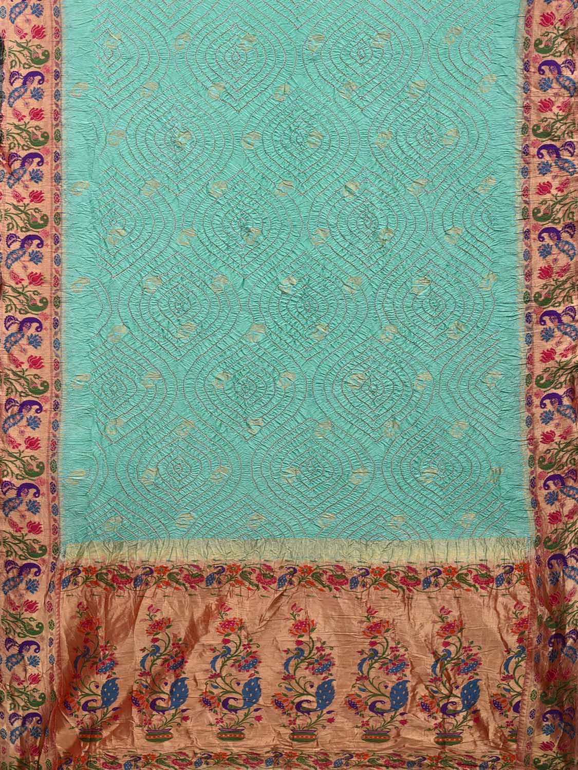 Turquoise Bandhani Paithani Silk Handloom Saree with Peacock and Parrot Border Design bn0312