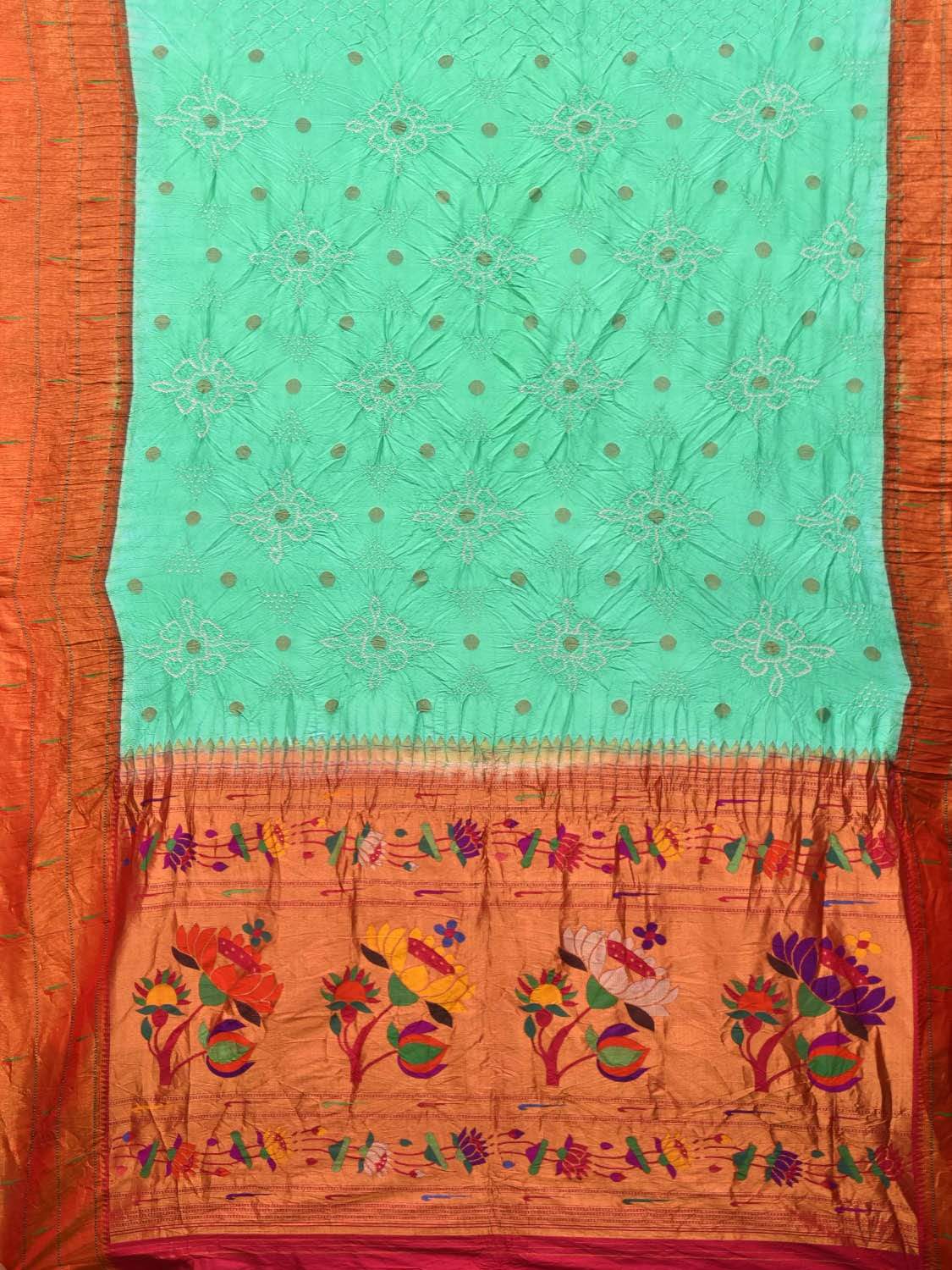 Turquoise Bandhani Paithani Silk Handloom Saree with Triple Muniya Border Design bn0223