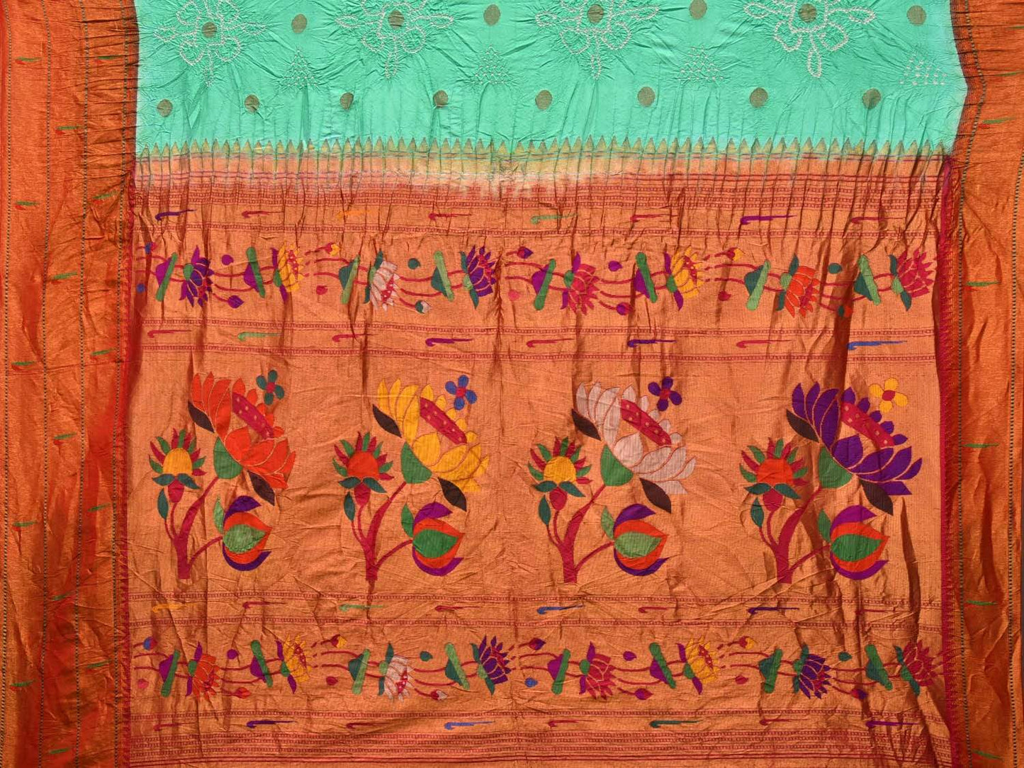 Turquoise Bandhani Paithani Silk Handloom Saree with Triple Muniya Border Design bn0223