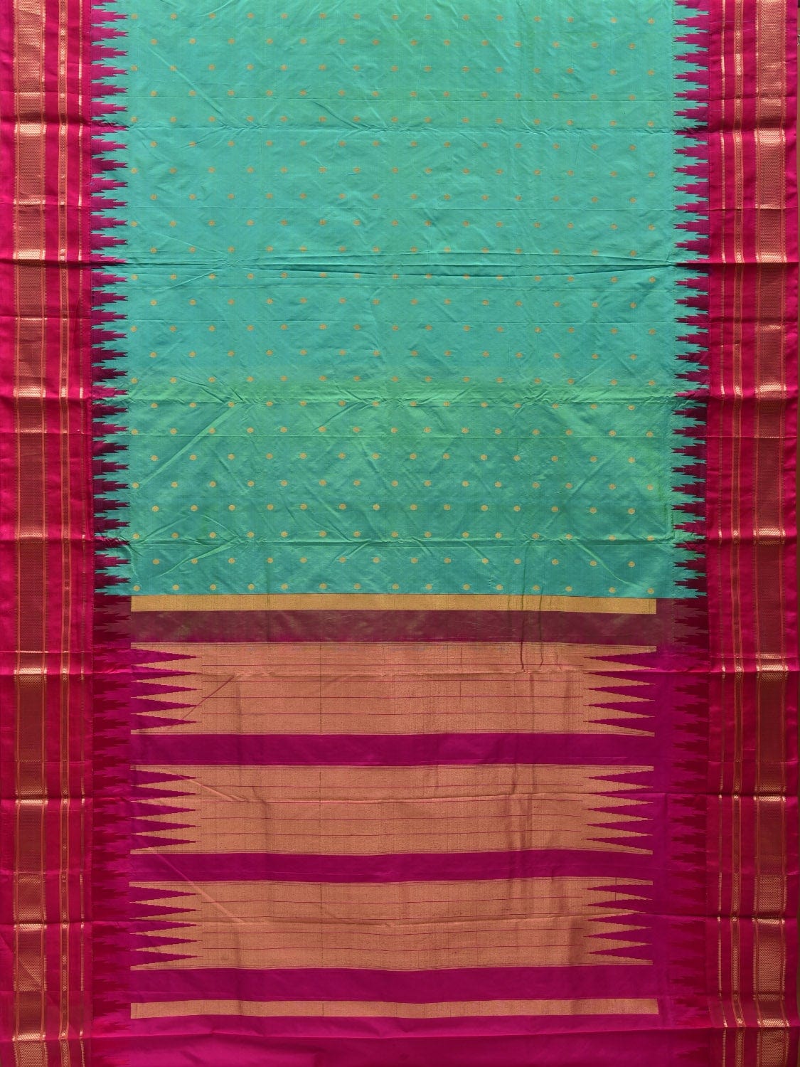 Turquoise Gadwal Silk Handloom Saree with Temple Border Design g0285