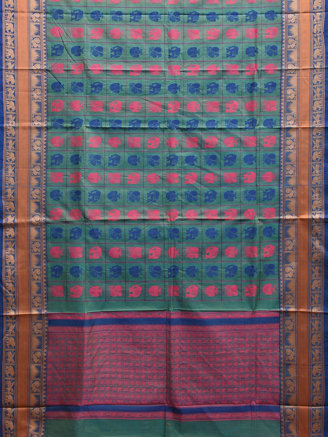 Turquoise Kanchipuram Cotton Saree with Checks Buta and Pallu Design k0788