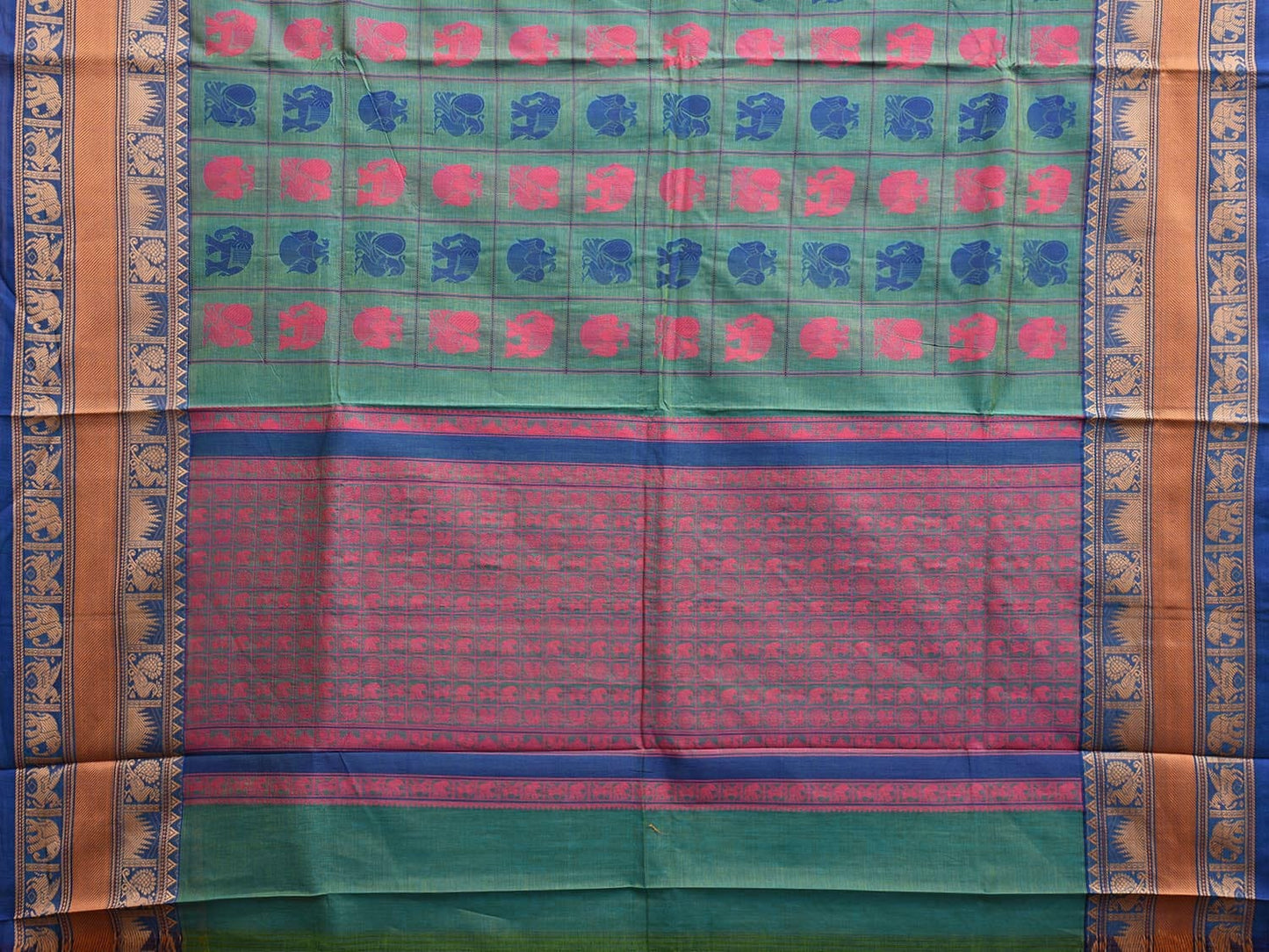 Turquoise Kanchipuram Cotton Saree with Checks Buta and Pallu Design k0788