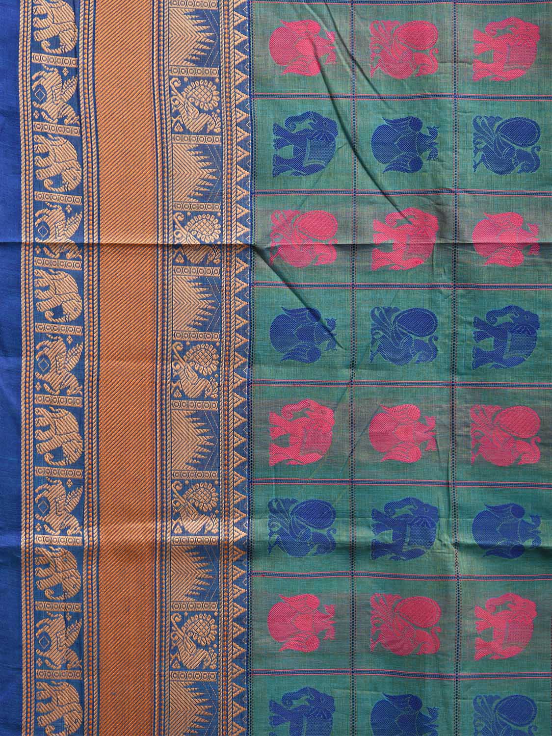 Turquoise Kanchipuram Cotton Saree with Checks Buta and Pallu Design k0788