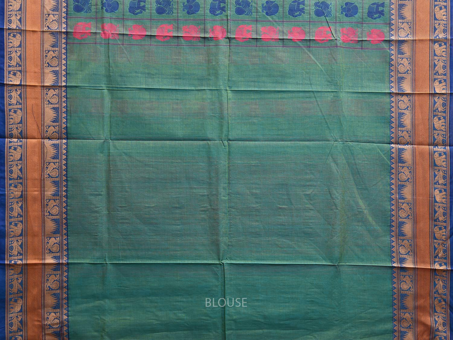 Turquoise Kanchipuram Cotton Saree with Checks Buta and Pallu Design k0788