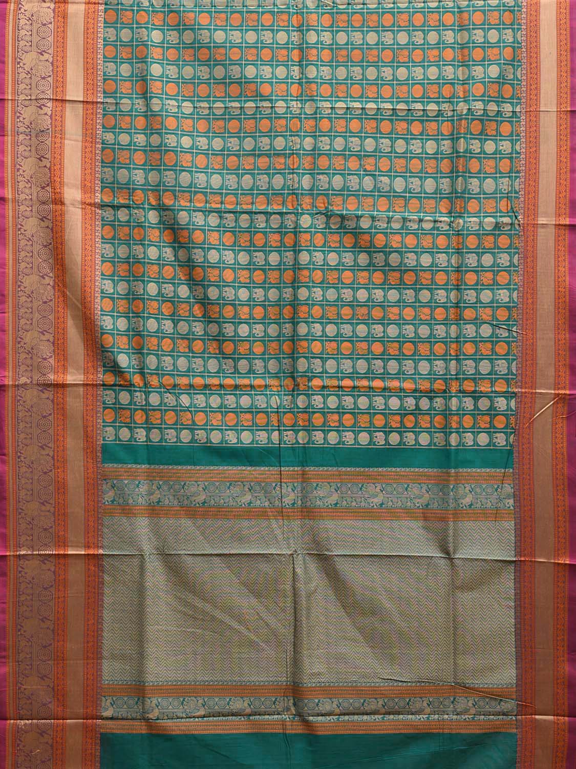 Turquoise Kanchipuram Cotton Saree with Checks Buta and Pallu Design k0791
