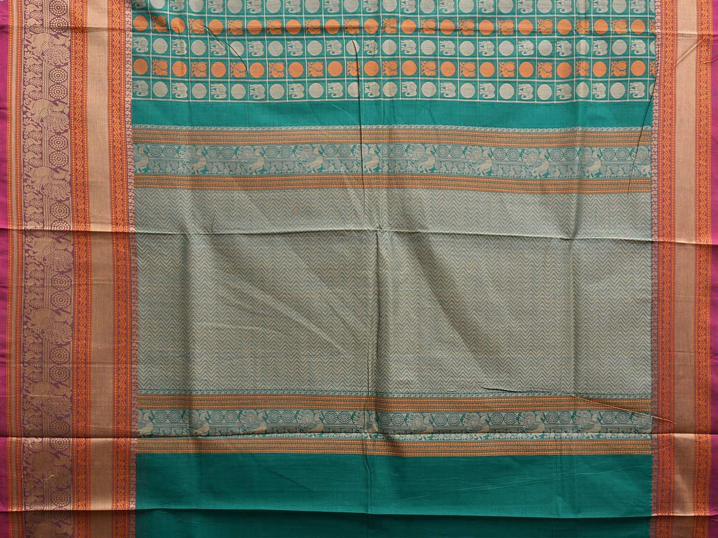 Turquoise Kanchipuram Cotton Saree with Checks Buta and Pallu Design k0791