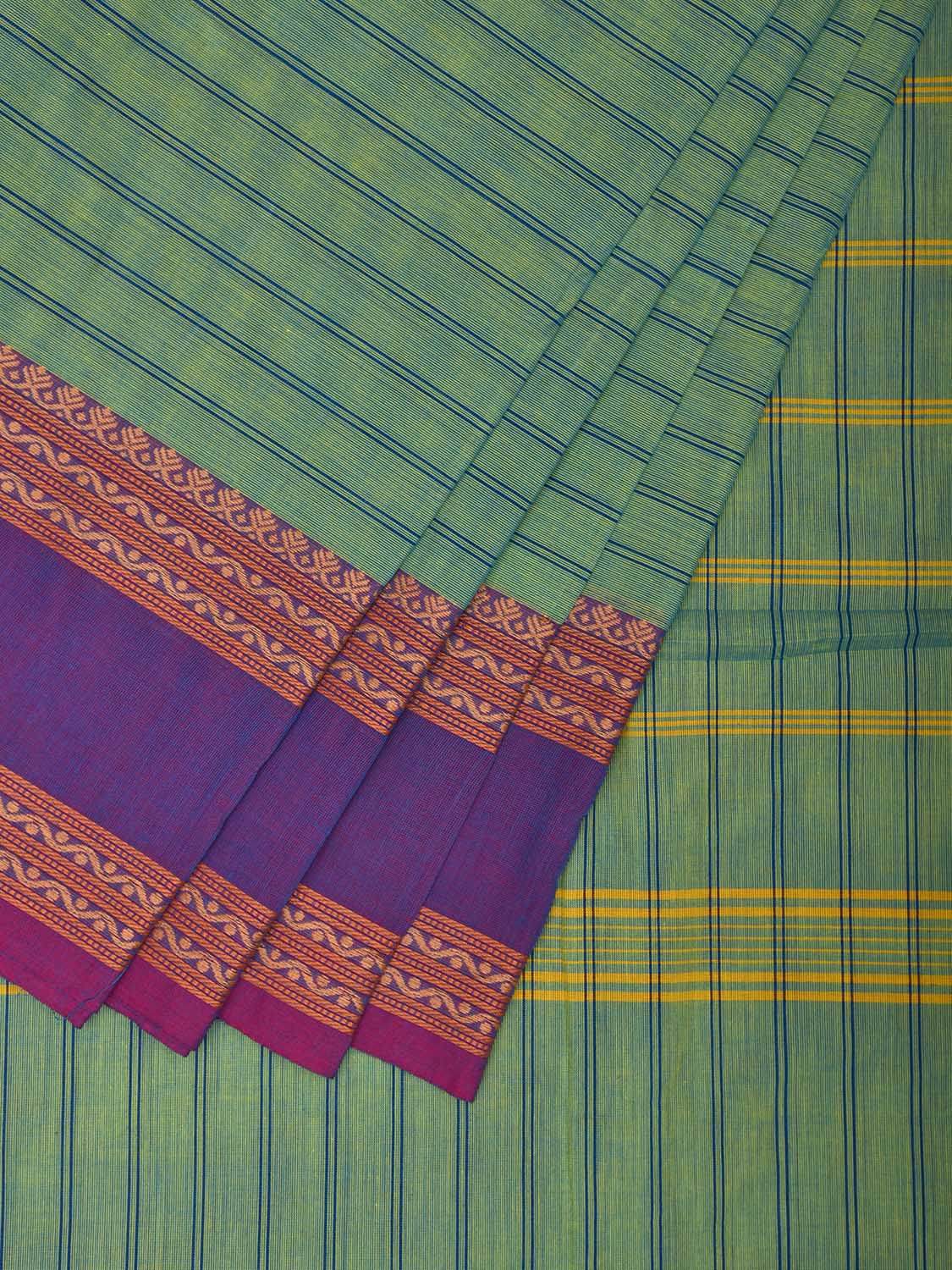 Turquoise Kanchipuram Cotton Saree with Strips and Ganga-Jamuna Border Design k0784